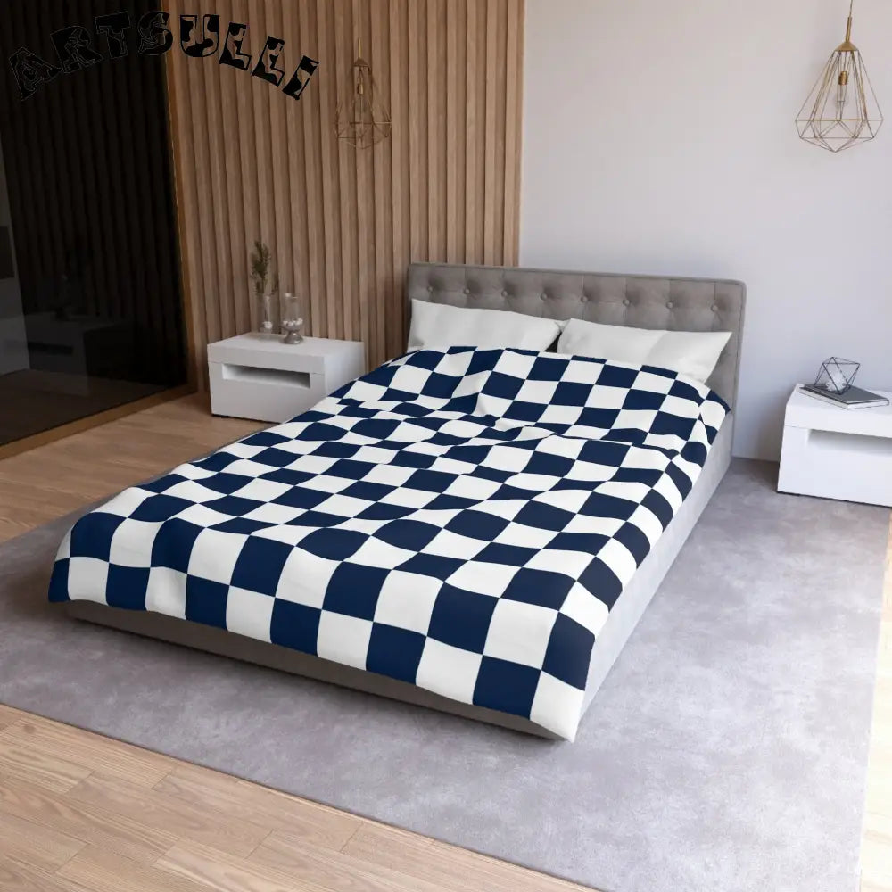 JAKKOUTTHEBXX Checkerboard White and Navy Blue Microfiber Duvet