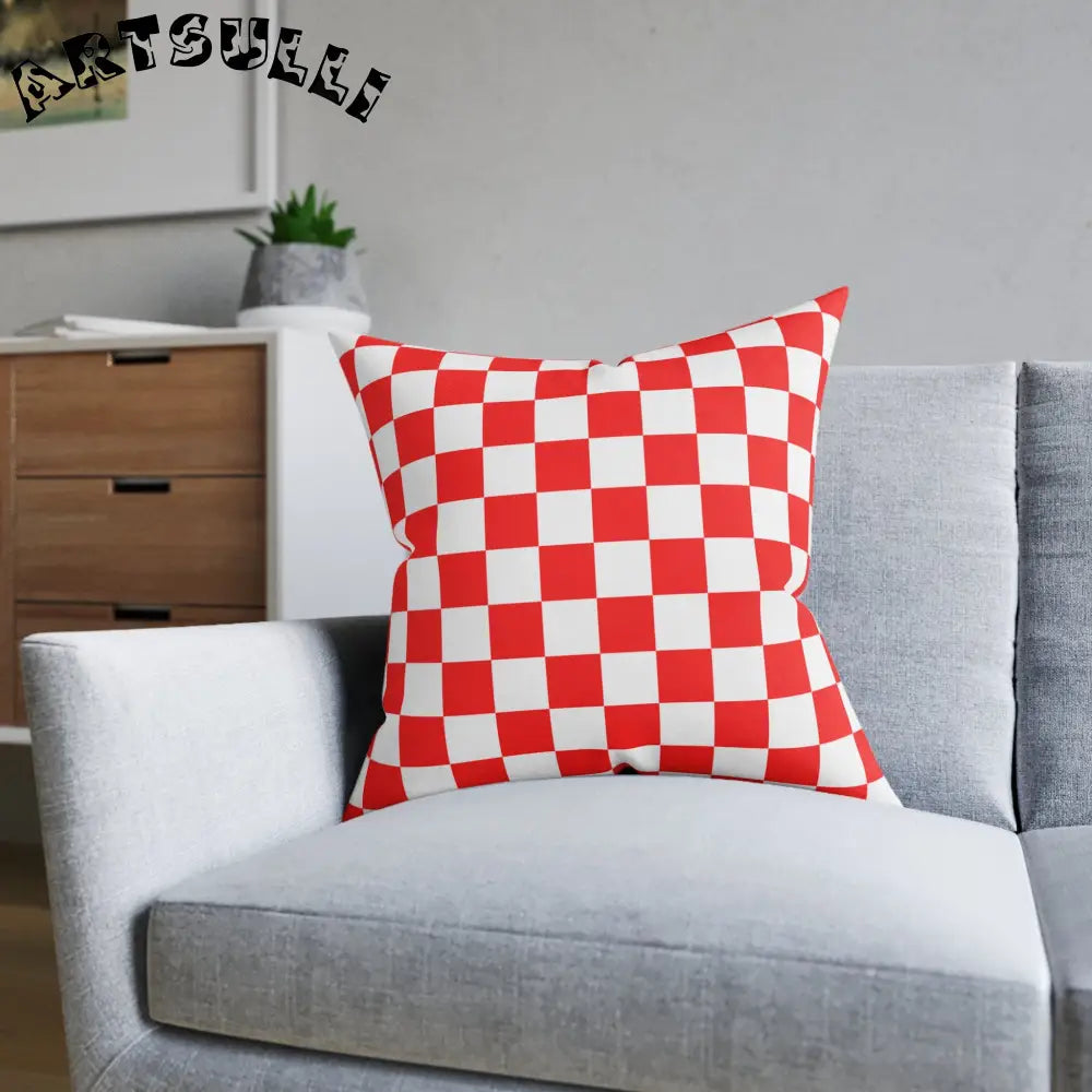 JAKKOUTTHEBXX Checkerboard Red and White Square Pillow JAKKOUTTHEBXX