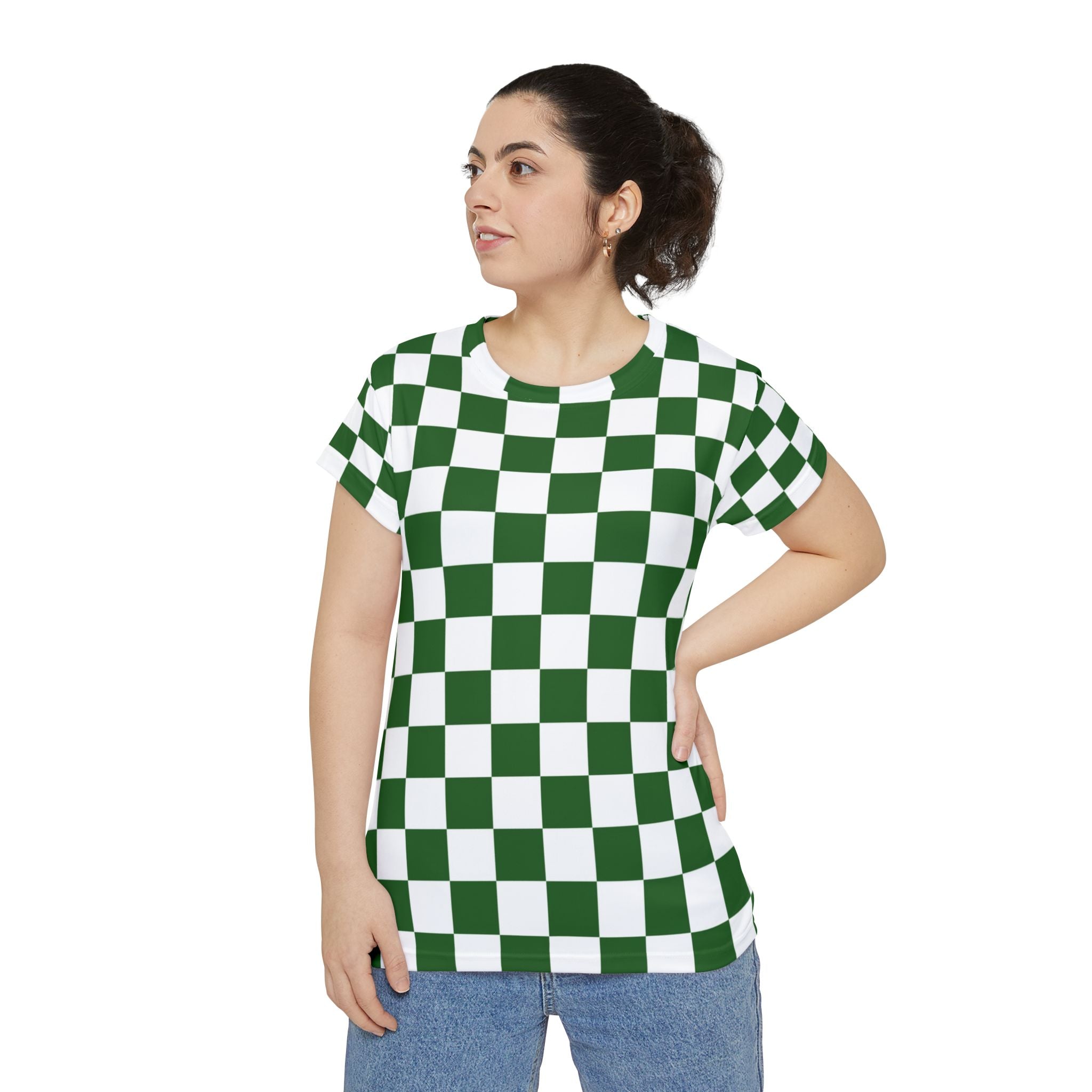 Checkerboard White and Dark Green Women's Short Sleeve Shirt (AOP), Artsulli - Art is Long, Life is Short, All Over Prints, , , , , , , 