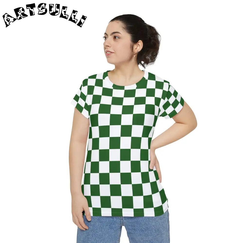 JAKKOUTTHEBXX Checkerboard White and Dark Green Women’s Short Sleeve