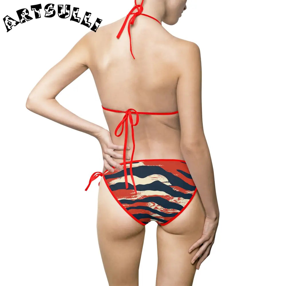 JAKKOUTTHEBXX Red White and Blue Striped Bikini Swimsuit for Women