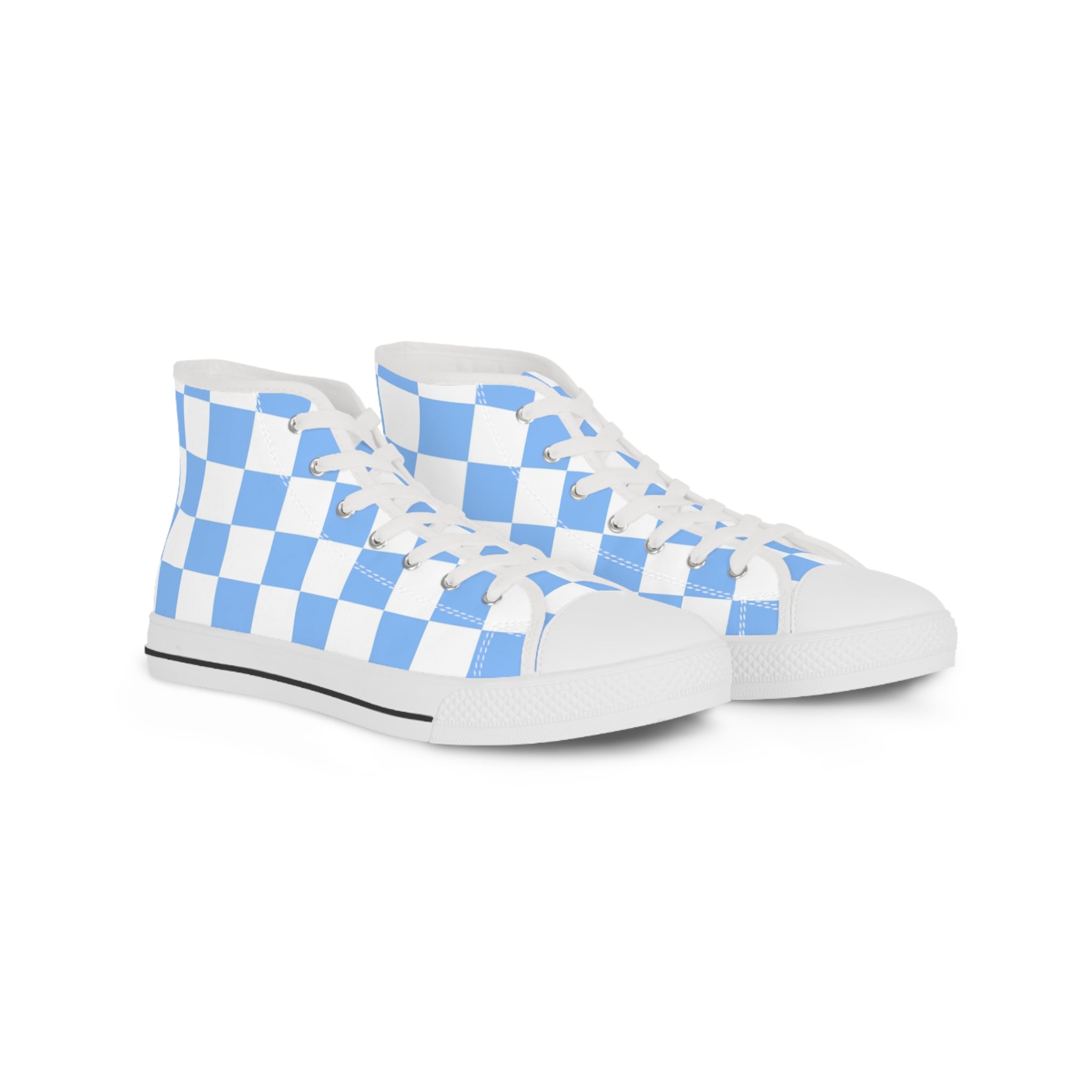 Checkerboard White and Light Blue Men's High Top Sneakers, Artsulli - Art is Long, Life is Short, Shoes, Size, US 5, Color, White sole, , , 46088050898155388167