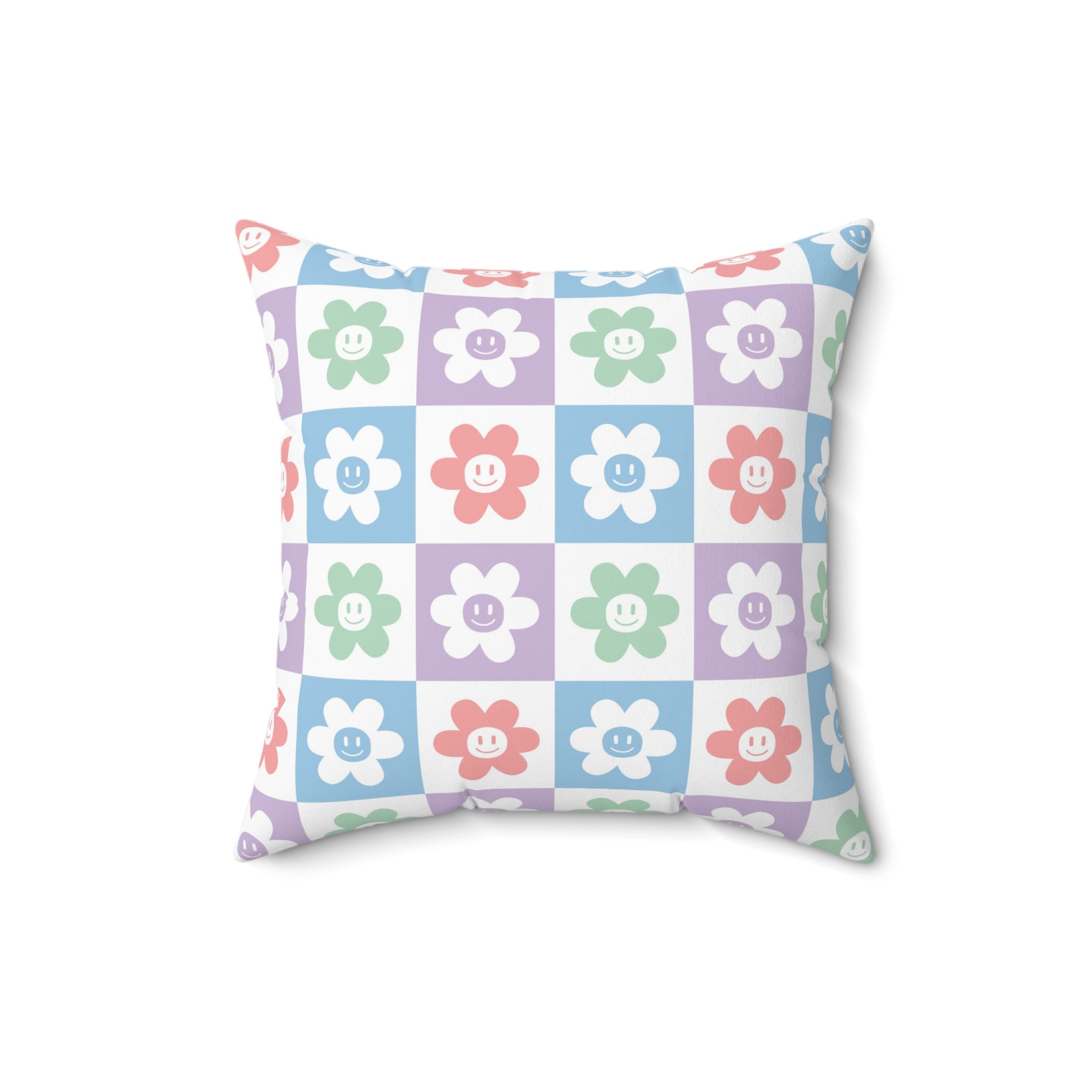 Chessboard x Smiley Face Flowers Multi-Color Spun Polyester Square Pillow, Artsulli - Art is Long, Life is Short, Home Decor, , , , , , , 