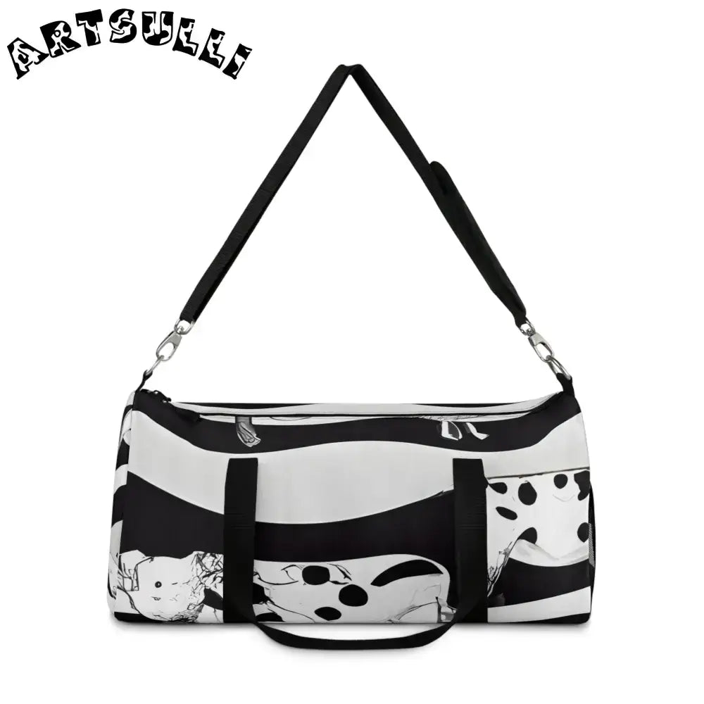JAKKOUTTHEBXX Black and White Patterned Duffel Bags with Shoulder