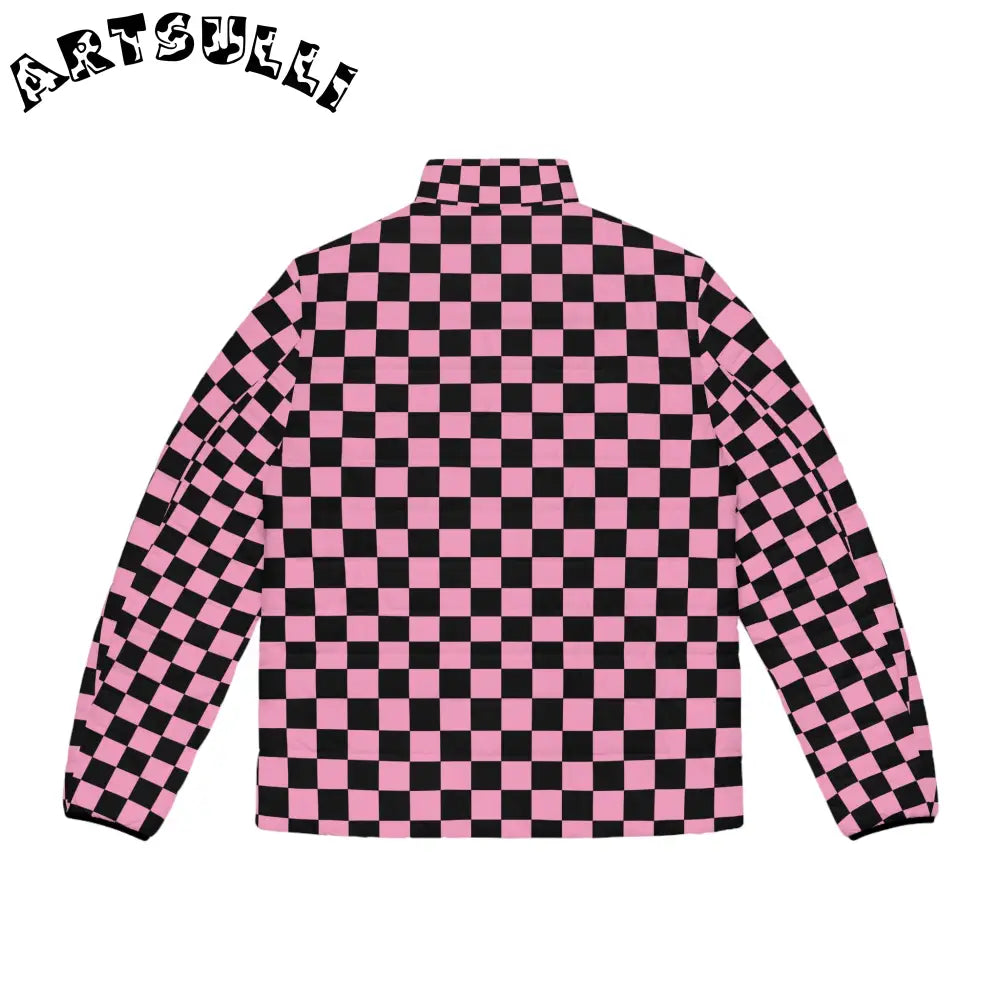 JAKKOUTTHEBXX Checkerboard Black and Pink Men’s Puffer Jacket (AOP)