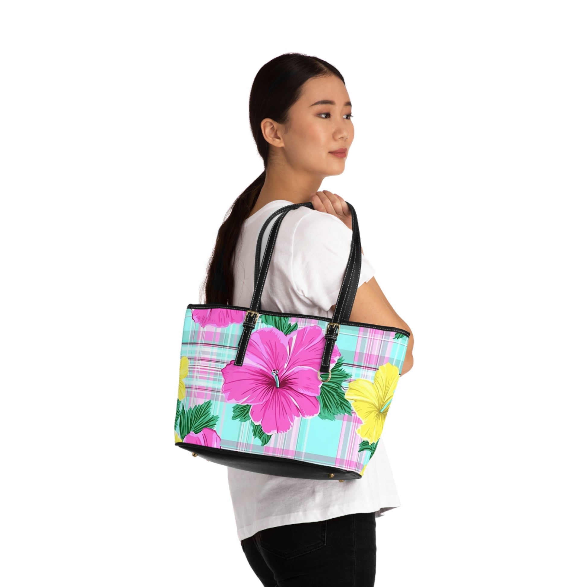 Plaid Hibiscus Pink and Yellow PU Leather Shoulder Bag, Artsulli - Art is Long, Life is Short, Bags, , , , , , , 