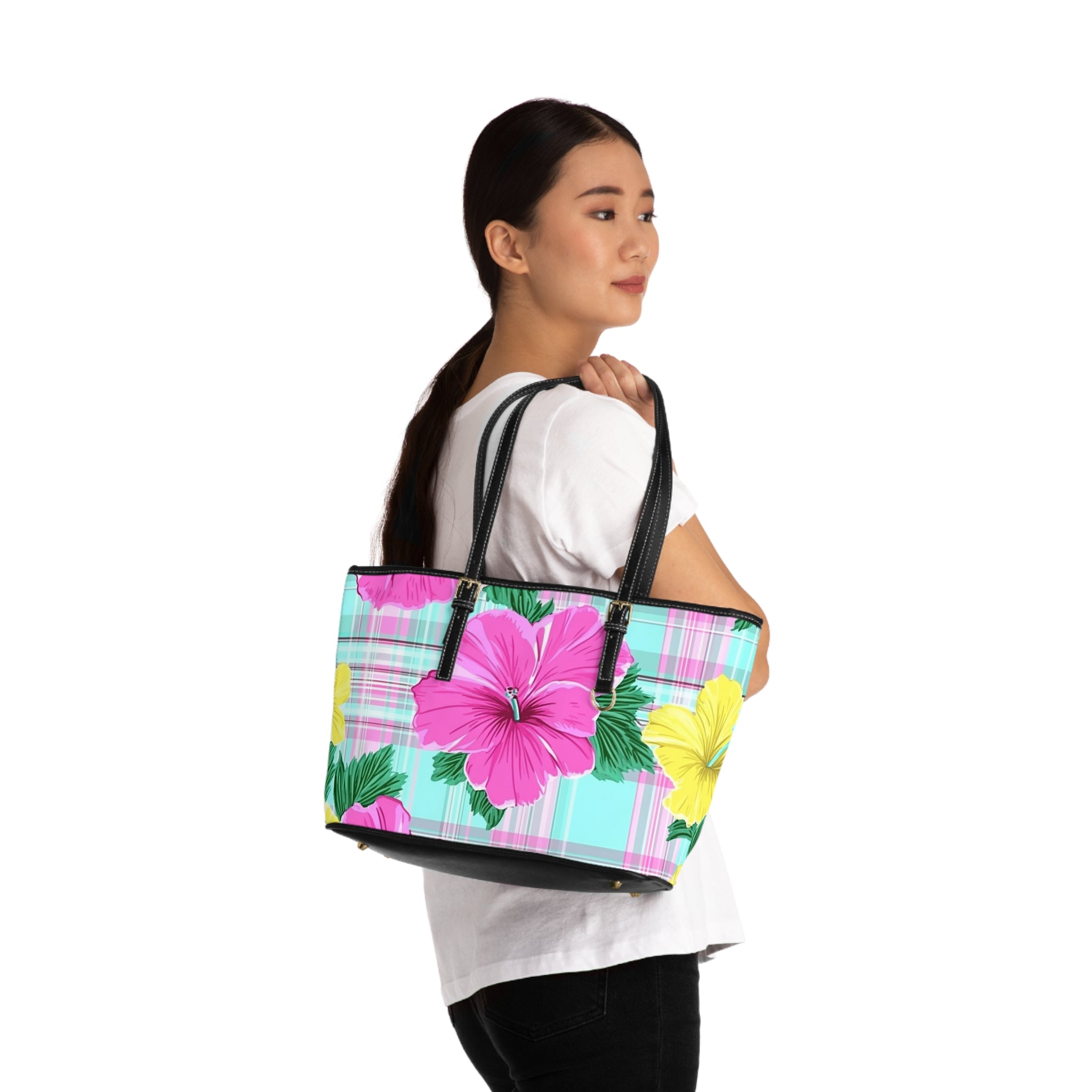 Plaid Hibiscus Pink and Yellow PU Leather Shoulder Bag, Artsulli - Art is Long, Life is Short, Bags, , , , , , , 