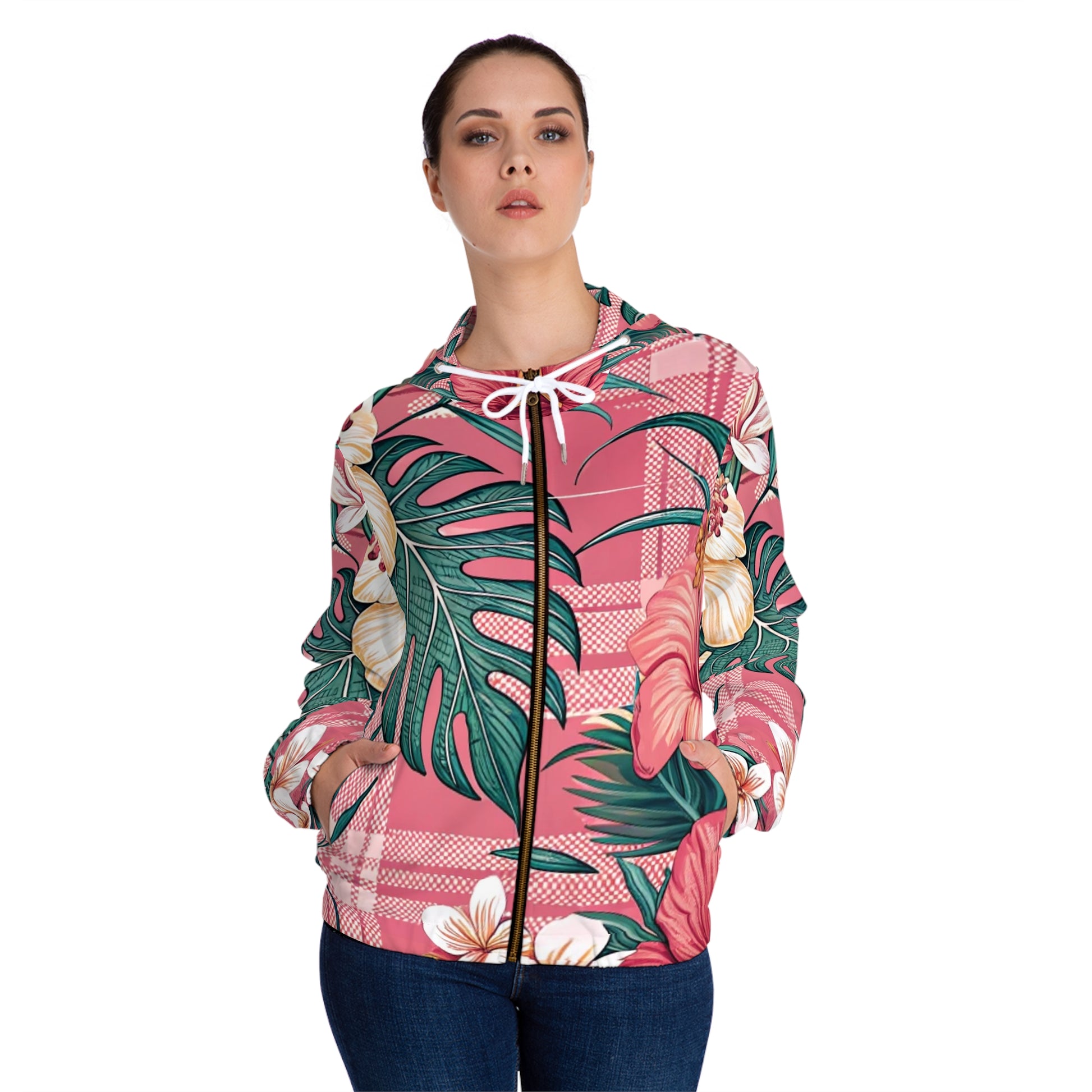 Plaid x Floral Burgundy Women’s Full-Zip Hoodie (AOP), Artsulli - Art is Long, Life is Short, All Over Prints, , , , , , , 