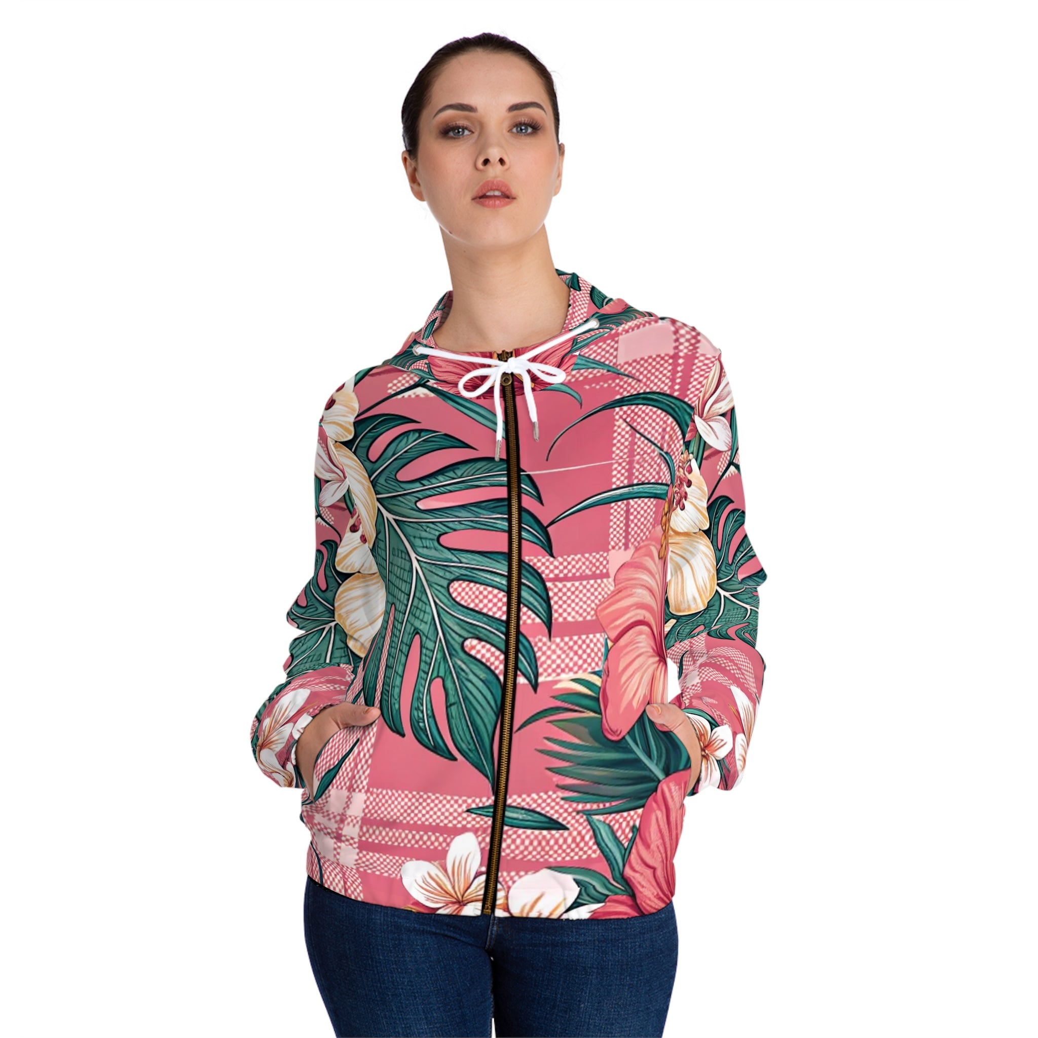 Plaid x Floral Burgundy Women’s Full-Zip Hoodie (AOP), Artsulli - Art is Long, Life is Short, All Over Prints, , , , , , , 