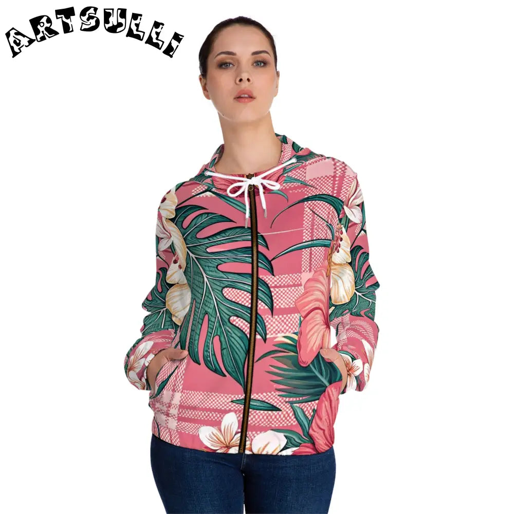 JAKKOUTTHEBXX Plaid x Floral Burgundy Women’s Full-Zip Hoodie (AOP)