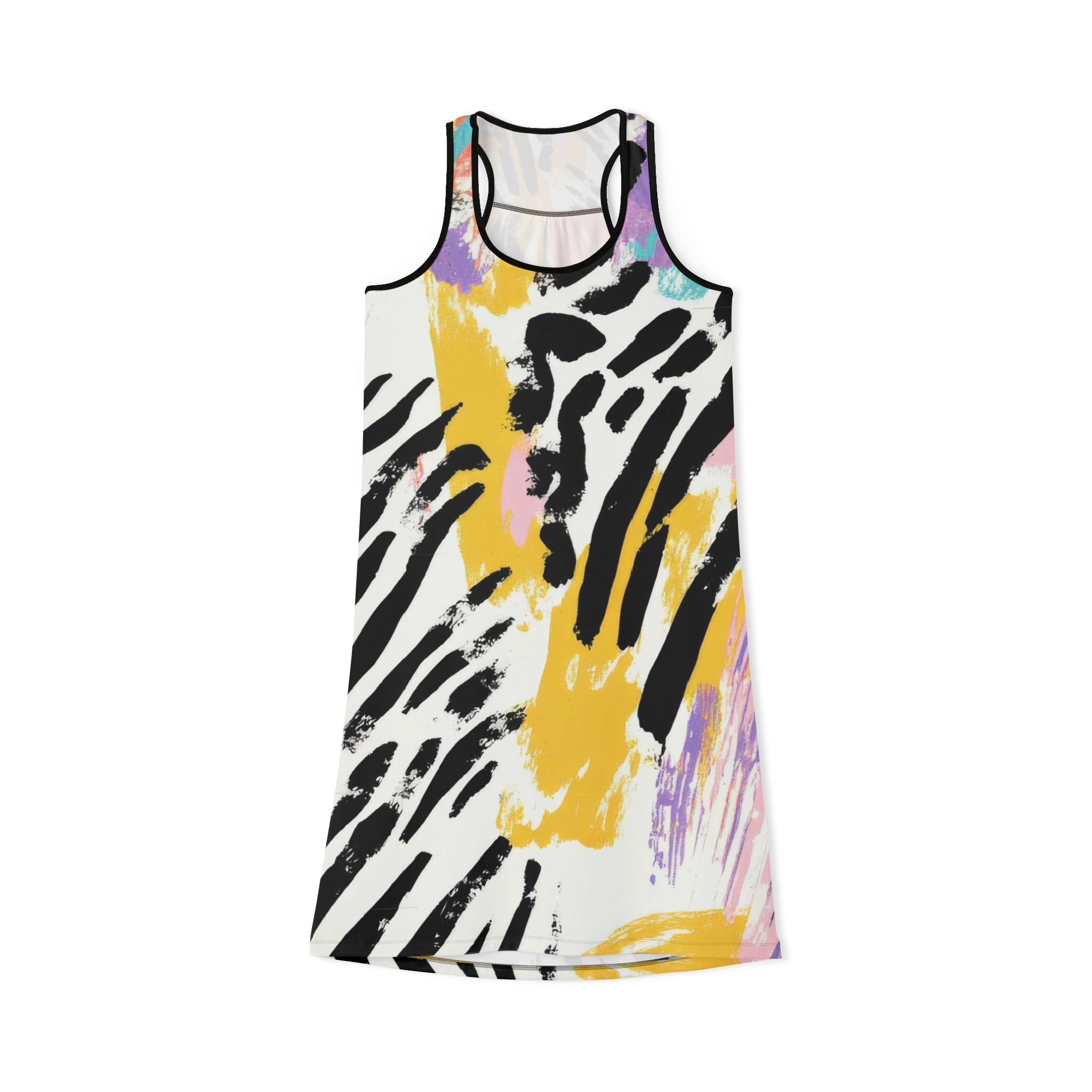 Wild Zebra Stripes x Paint Brush Strokes Multi-Color Women's Racerback Dress (AOP), Artsulli - Art is Long, Life is Short, Tank Top, Size, XS, Color, Black, , , 16100579331006