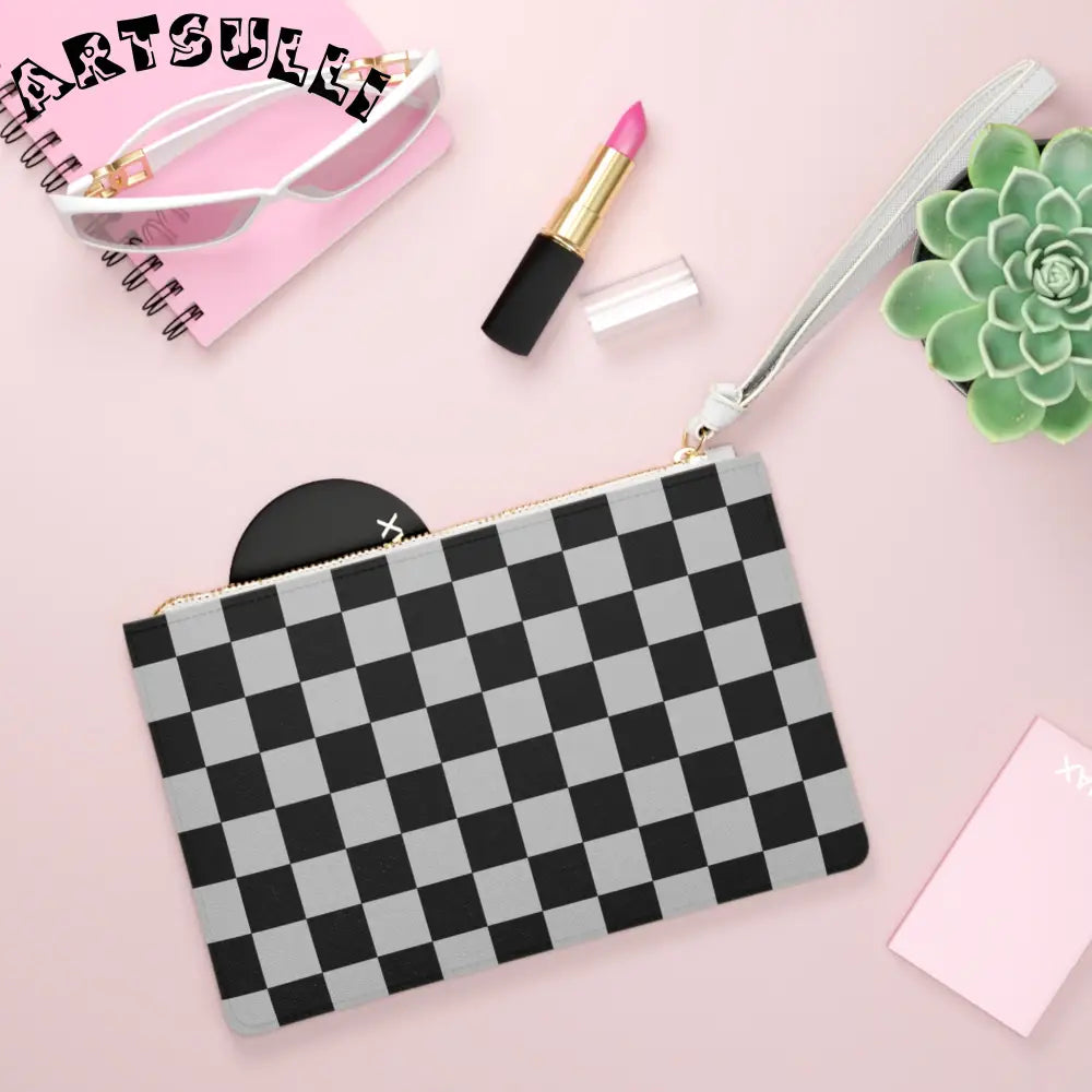 JAKKOUTTHEBXX Checkered Gray Clutch Bag with Wrist Strap