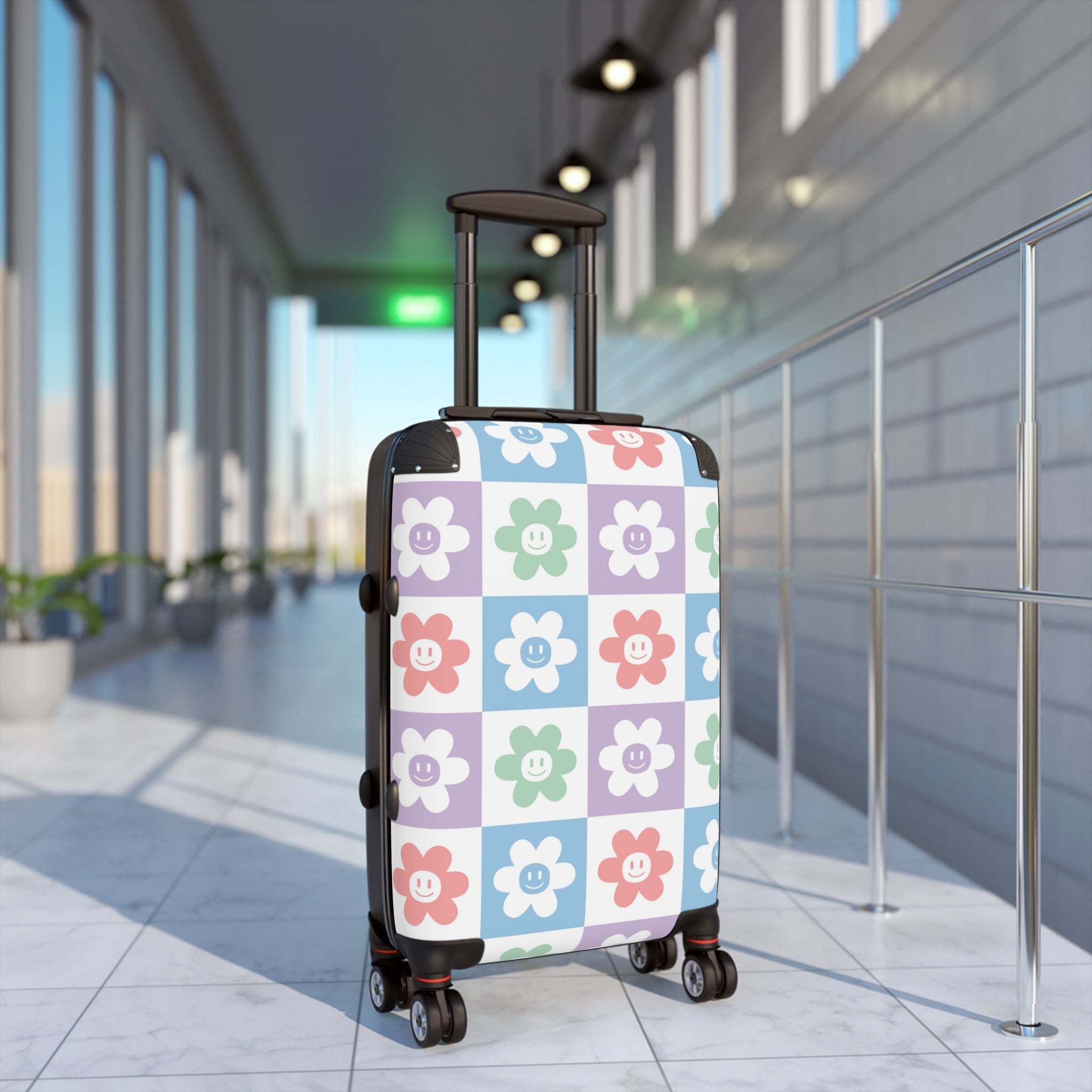 Chessboard x Smiley Face Flowers Multi-Color Suitcase, Artsulli - Art is Long, Life is Short, Bags, , , , , , , 