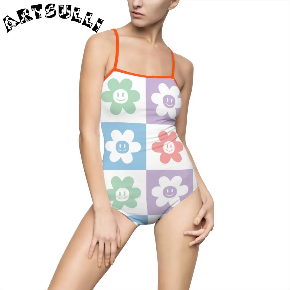 JAKKOUTTHEBXX Smiling Flower Checkerboard One-Piece Swimsuit 2025