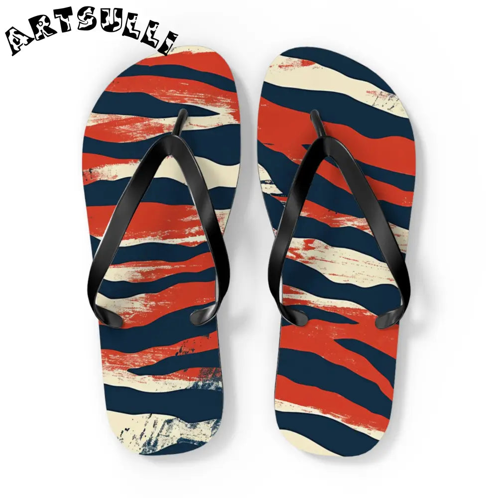 JAKKOUTTHEBXX Red White Blue Abstract Striped Flip Flops