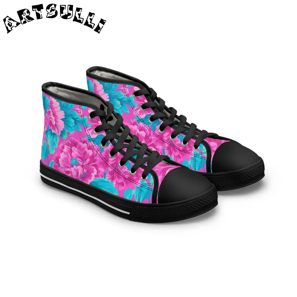 80s Dreamscape Floral Women's High Top Sneakers, Artsulli - Art is Long, Life is Short, Shoes, Size, US 5.5, Color, Black sole, , , 24332721885584595846