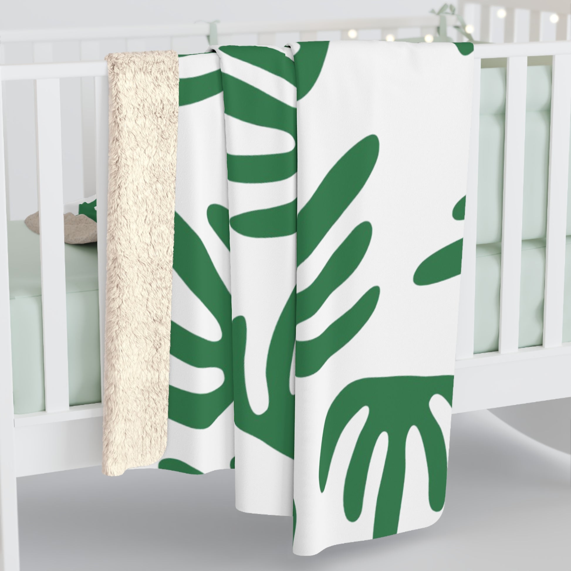 Green Palm Leaves White Sherpa Fleece Blanket, Artsulli - Art is Long, Life is Short, Home Decor, , , , , , , 