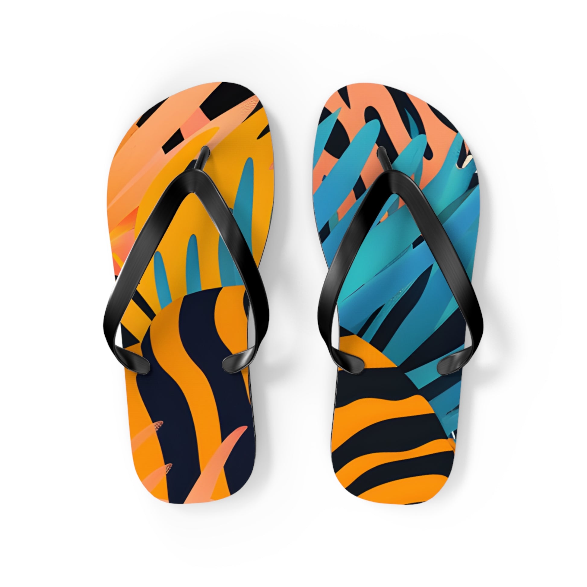 Palm Leaves x Zebra Stripes x  Tiger Stripes Orange and Blue Flip Flops, Artsulli - Art is Long, Life is Short, Shoes, Size, M, Color, Black sole, , , 88203630187743
