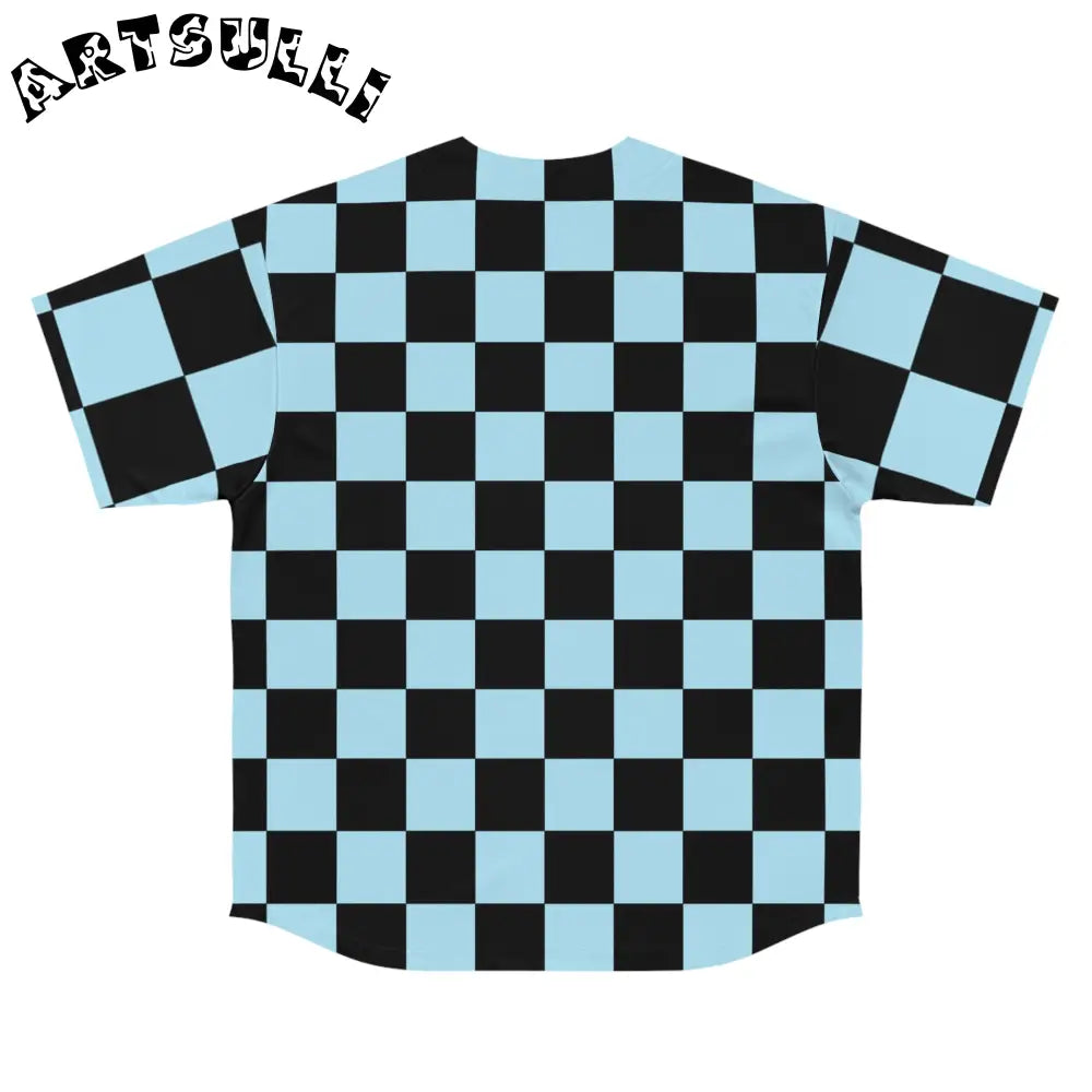 JAKKOUTTHEBXX Checkerboard Black and Blue Men’s Baseball Jersey