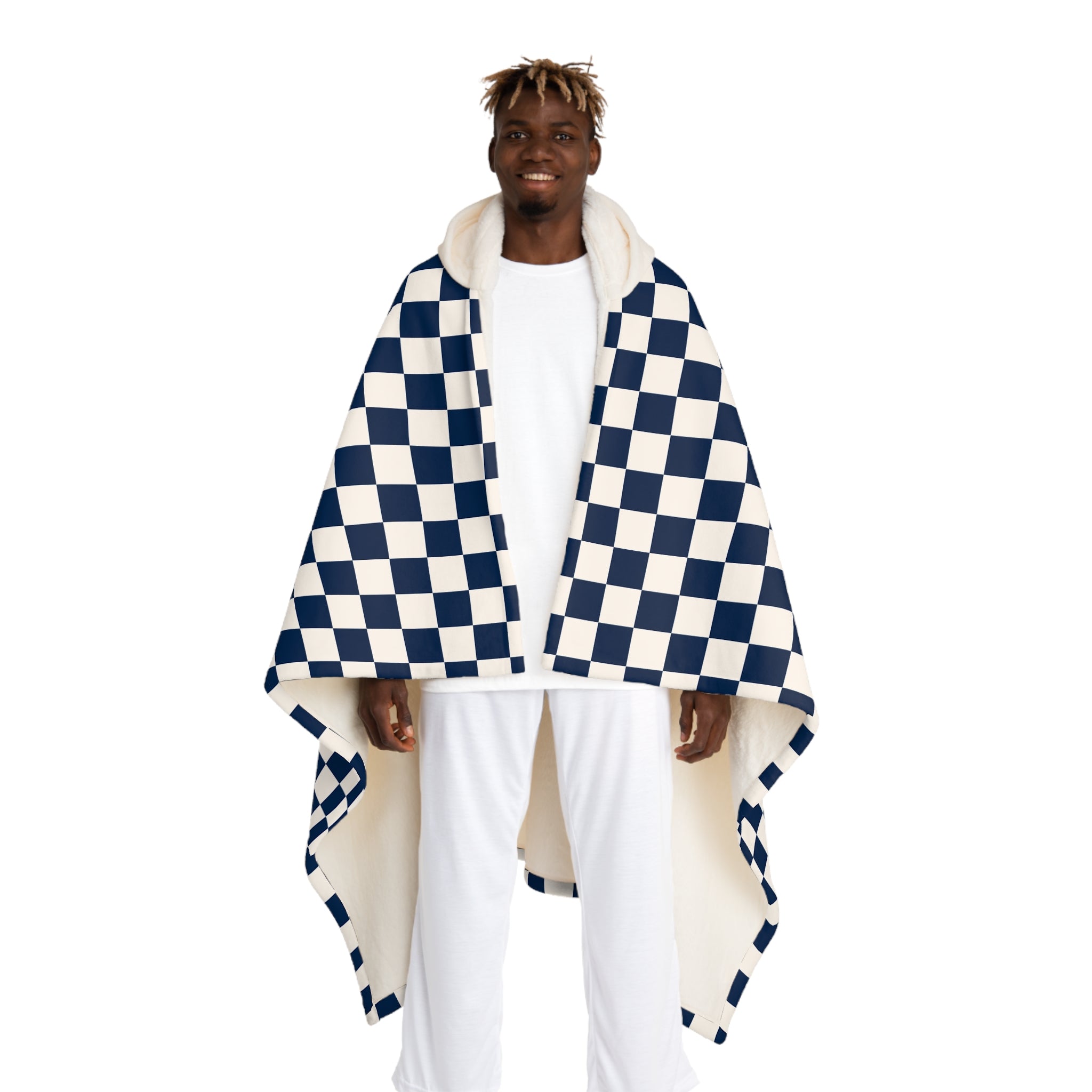 Checkerboard II White and Navy Blue Hooded Sherpa Fleece Blanket, Artsulli - Art is Long, Life is Short, All Over Prints, Size, One size, Color, Cream, , , 16318550802751067890
