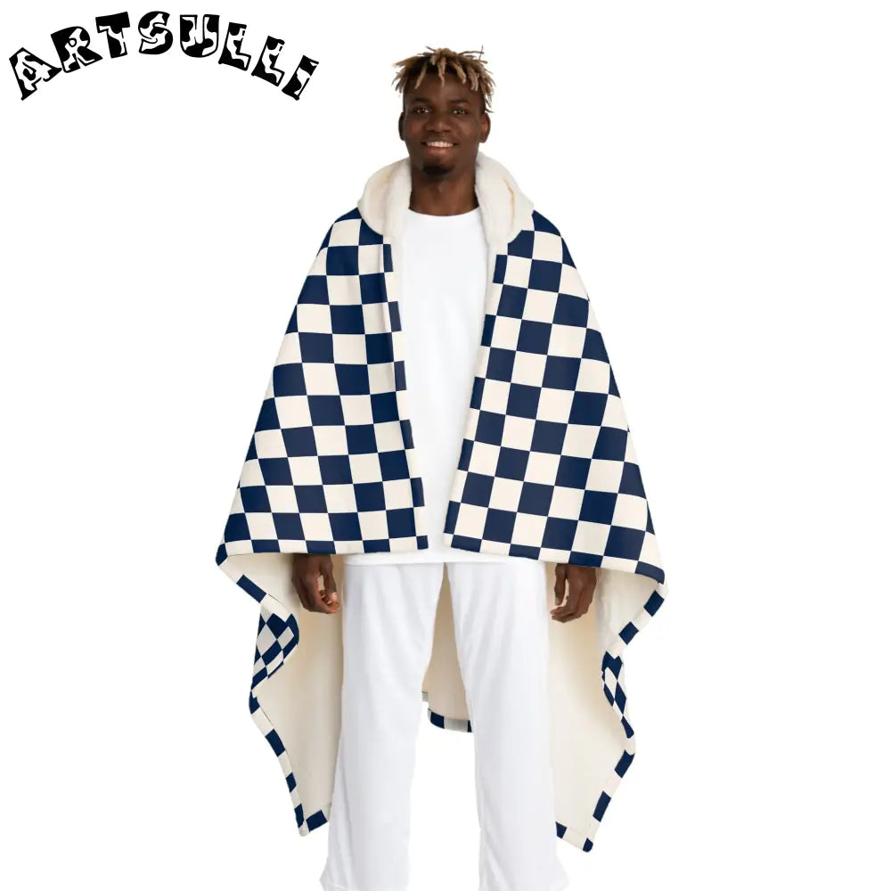 JAKKOUTTHEBXX Checkerboard II White and Navy Blue Hooded Sherpa