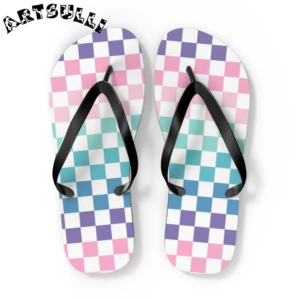 JAKKOUTTHEBXX Vaporwave Rainbow Checkerboard Multi-Color Flip Flops
