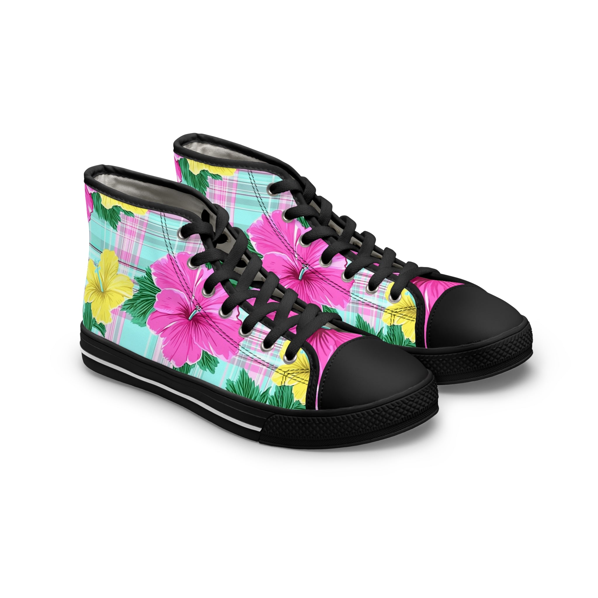 Plaid Hibiscus Pink and Yellow Women's High Top Sneakers, Artsulli - Art is Long, Life is Short, Shoes, Size, US 5.5, Color, Black sole, , , 28955221271934489915