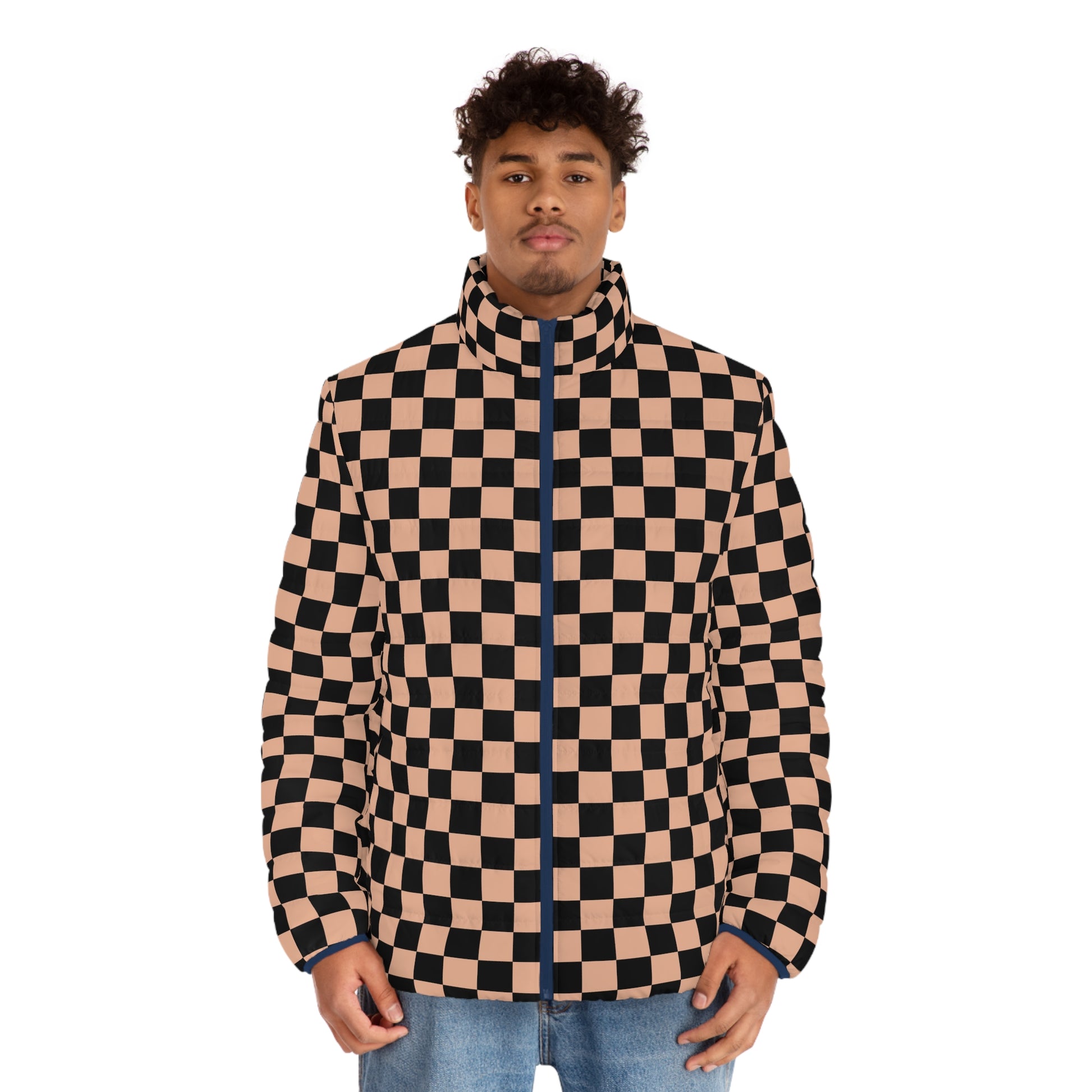 Checkerboard Soft Orange and Black Men's Puffer Jacket (AOP), Artsulli - Art is Long, Life is Short, All Over Prints, , , , , , , 