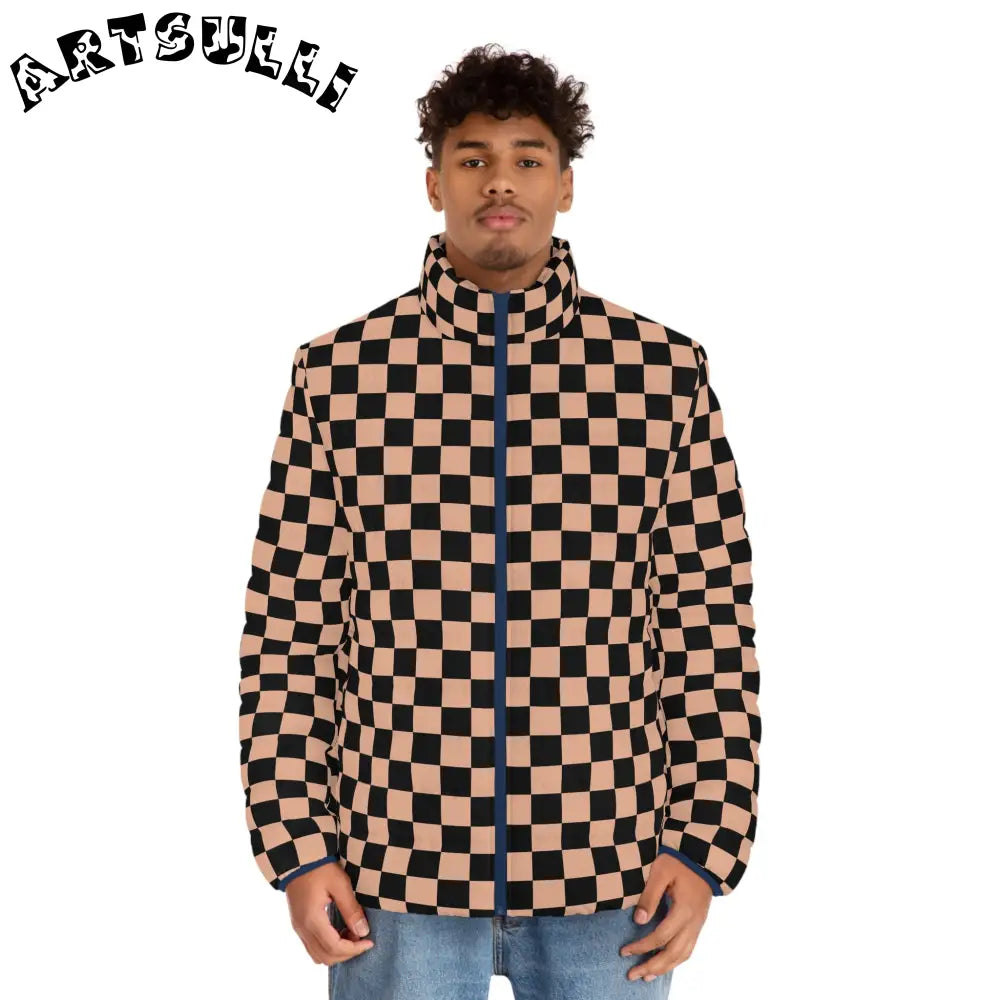 JAKKOUTTHEBXX Checkerboard Soft Orange and Black Men’s Puffer Jacket