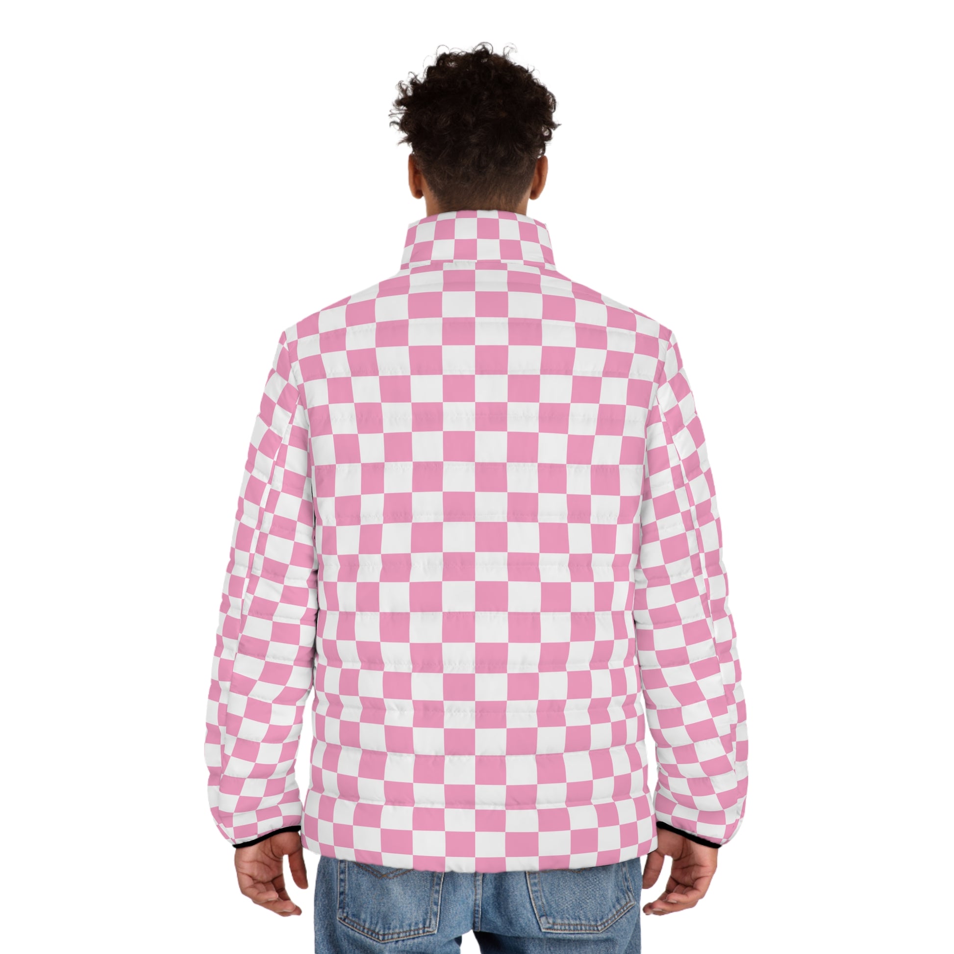 Checkerboard Hot Pink and White Men's Puffer Jacket (AOP), Artsulli - Art is Long, Life is Short, All Over Prints, , , , , , , 