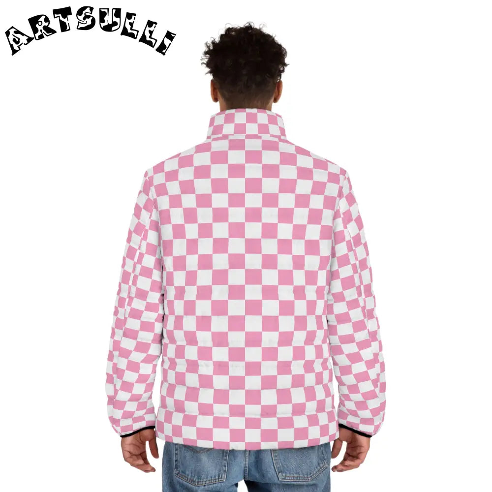 JAKKOUTTHEBXX Checkerboard Hot Pink and White Men’s Puffer Jacket