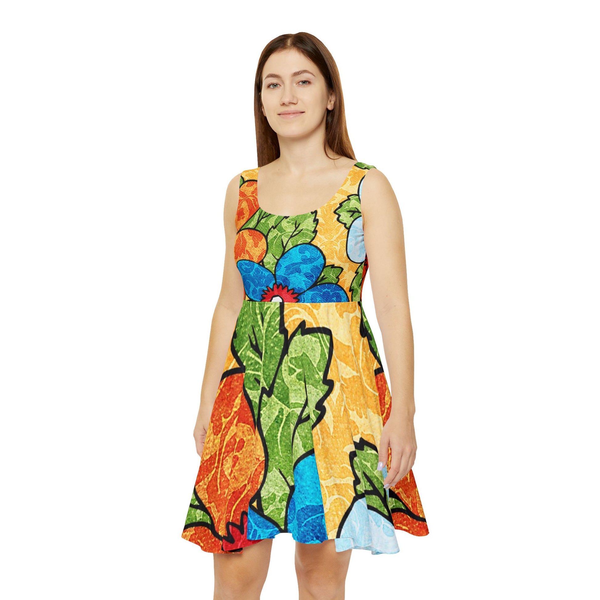 Groovy Yellow Floral Kl Women's Skater Dress (AOP), Artsulli - Art is Long, Life is Short, All Over Prints, , , , , , , 