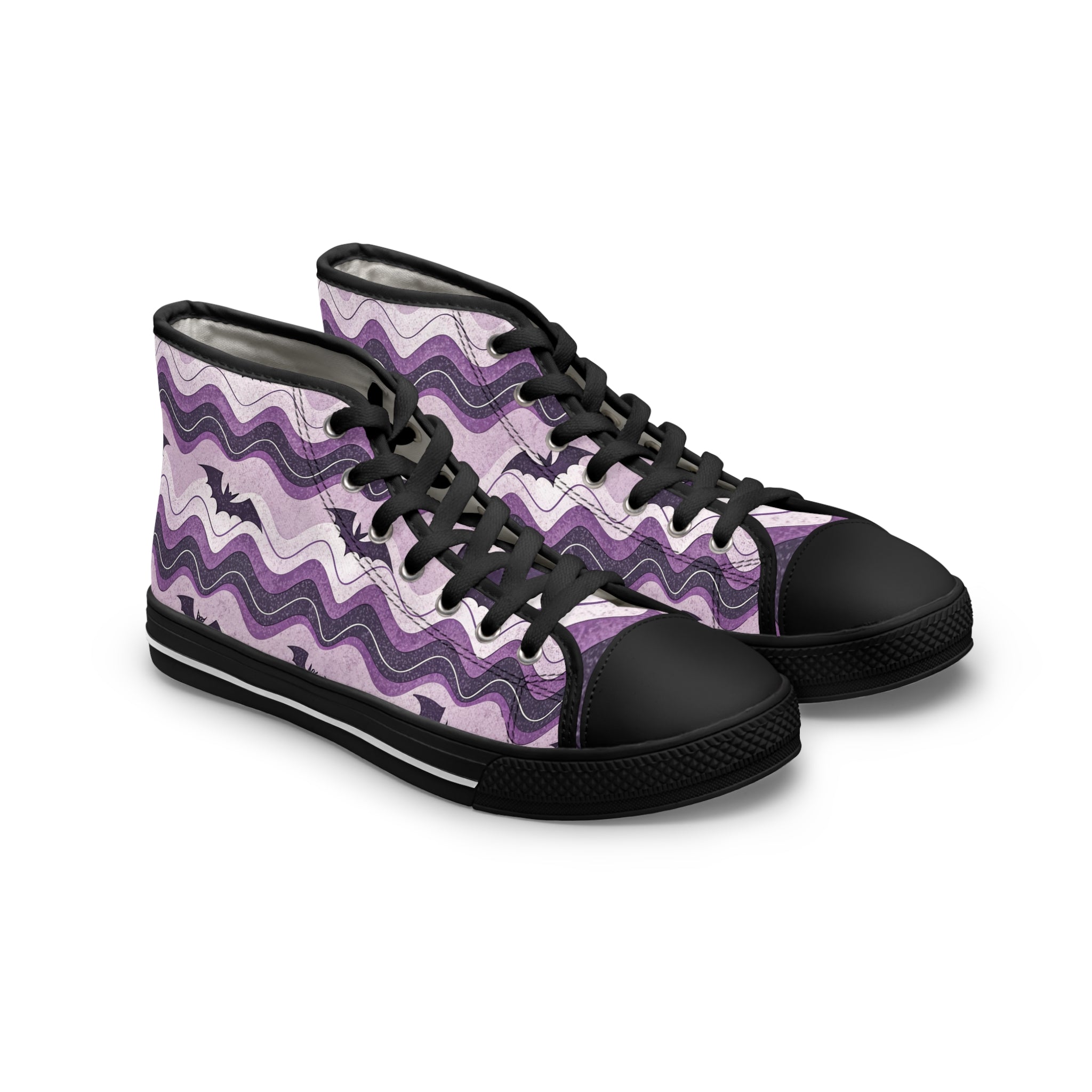 Bat Wave Purple Women's High Top Sneakers, Artsulli - Art is Long, Life is Short, Shoes, Size, US 5.5, Color, Black sole, , , 42889123274173
