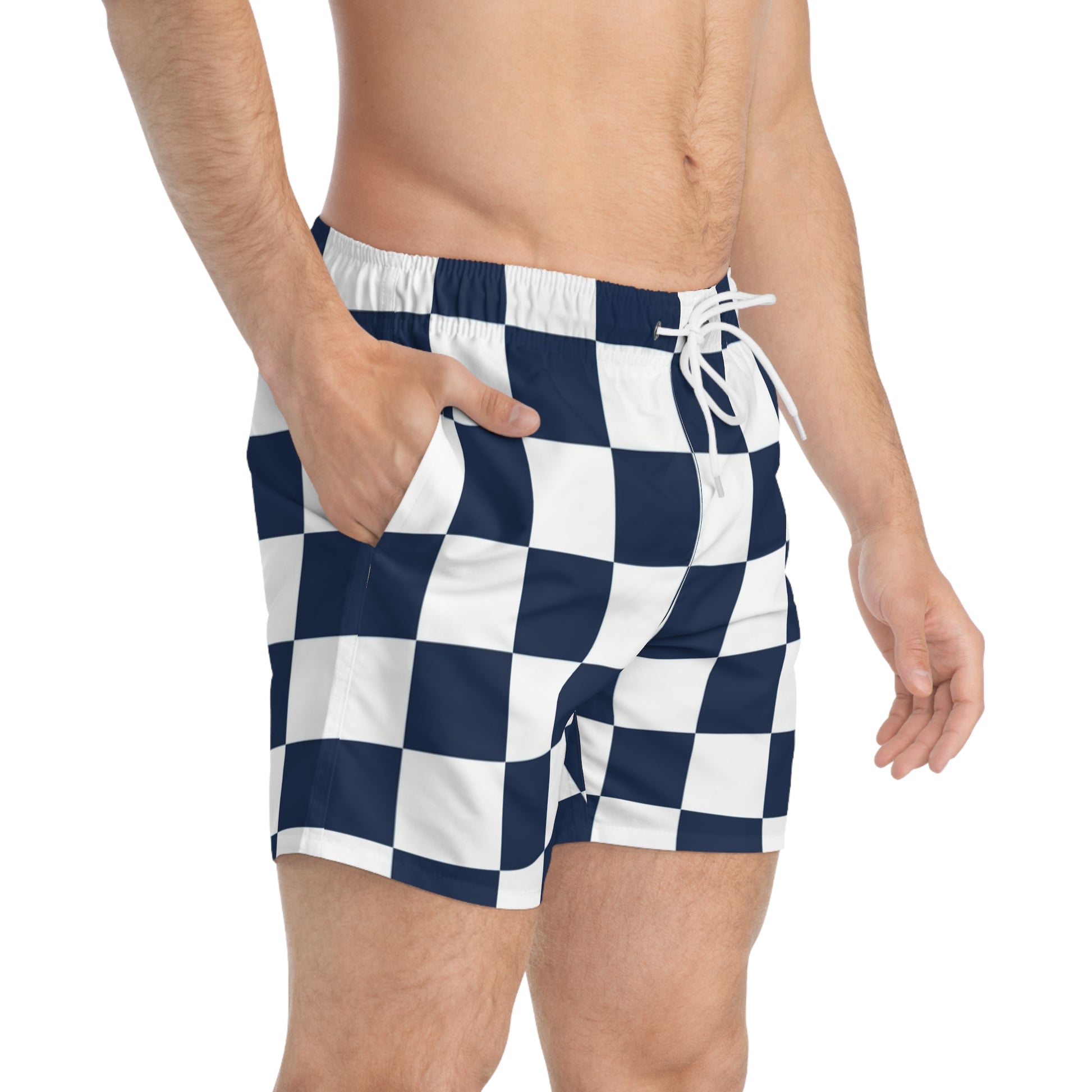 Checkerboard White and Navy Blue Swim Trunks (AOP), Artsulli - Art is Long, Life is Short, All Over Prints, , , , , , , 