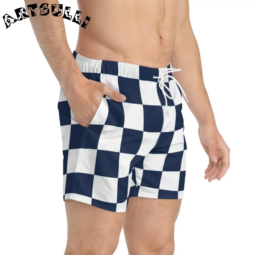 JAKKOUTTHEBXX Checkerboard White and Navy Blue Swim Trunks (AOP)