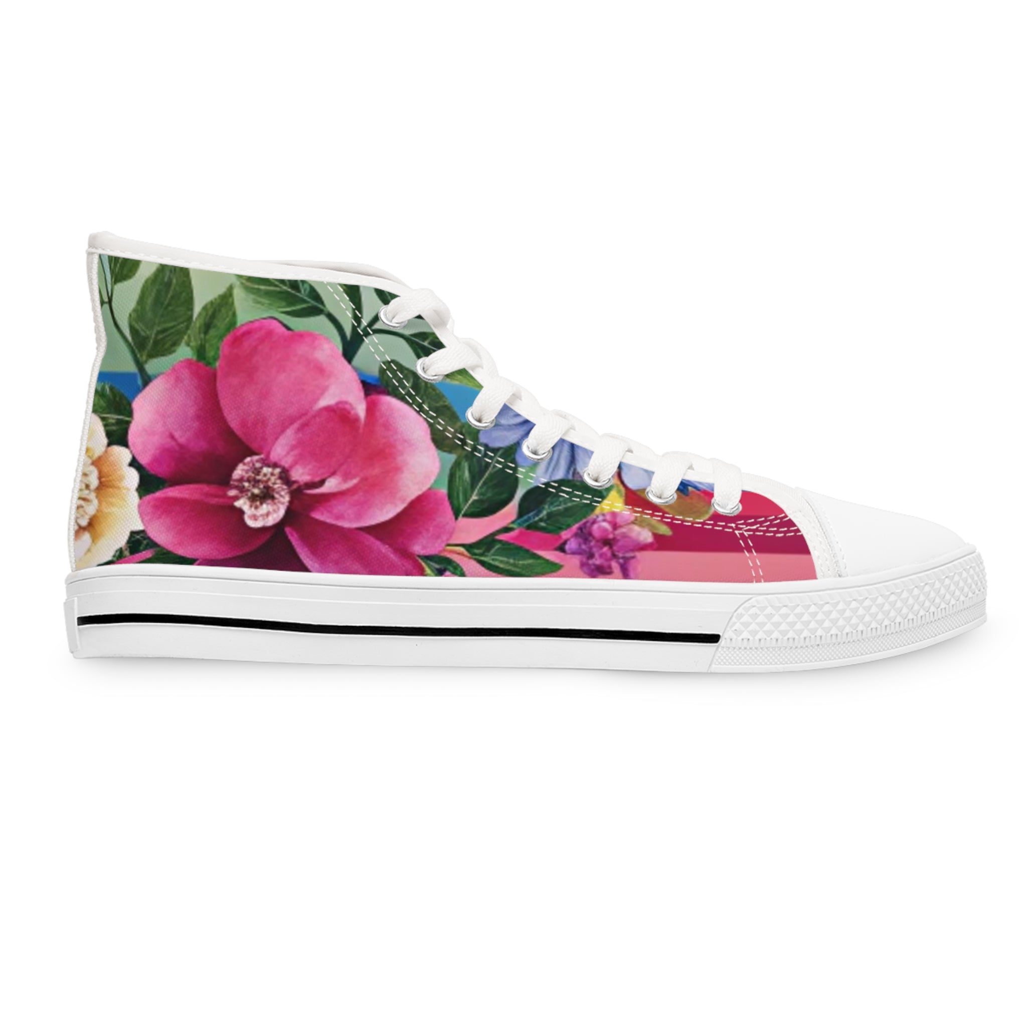 Floral Stripe 4K Women's High Top Sneakers, Artsulli - Art is Long, Life is Short, Shoes, , , , , , , 