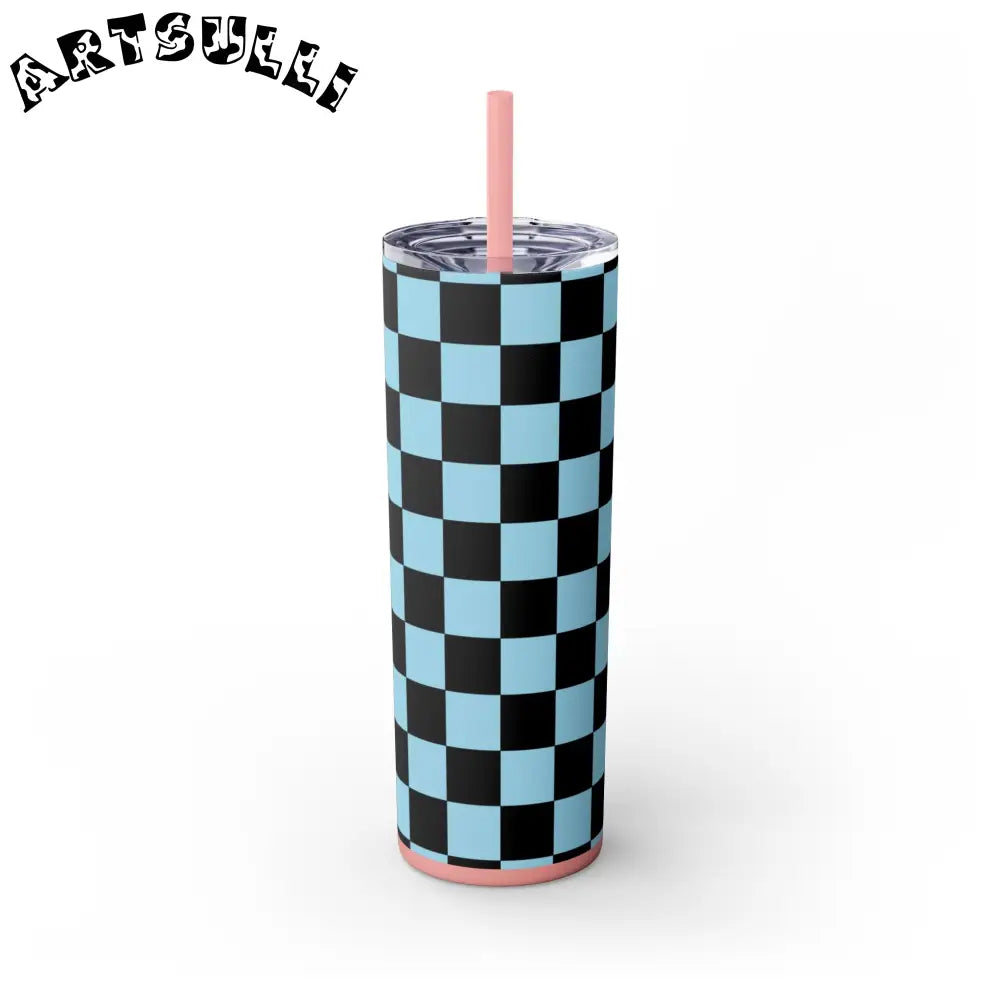 JAKKOUTTHEBXX Checkerboard Black and Blue Skinny Tumbler with Straw