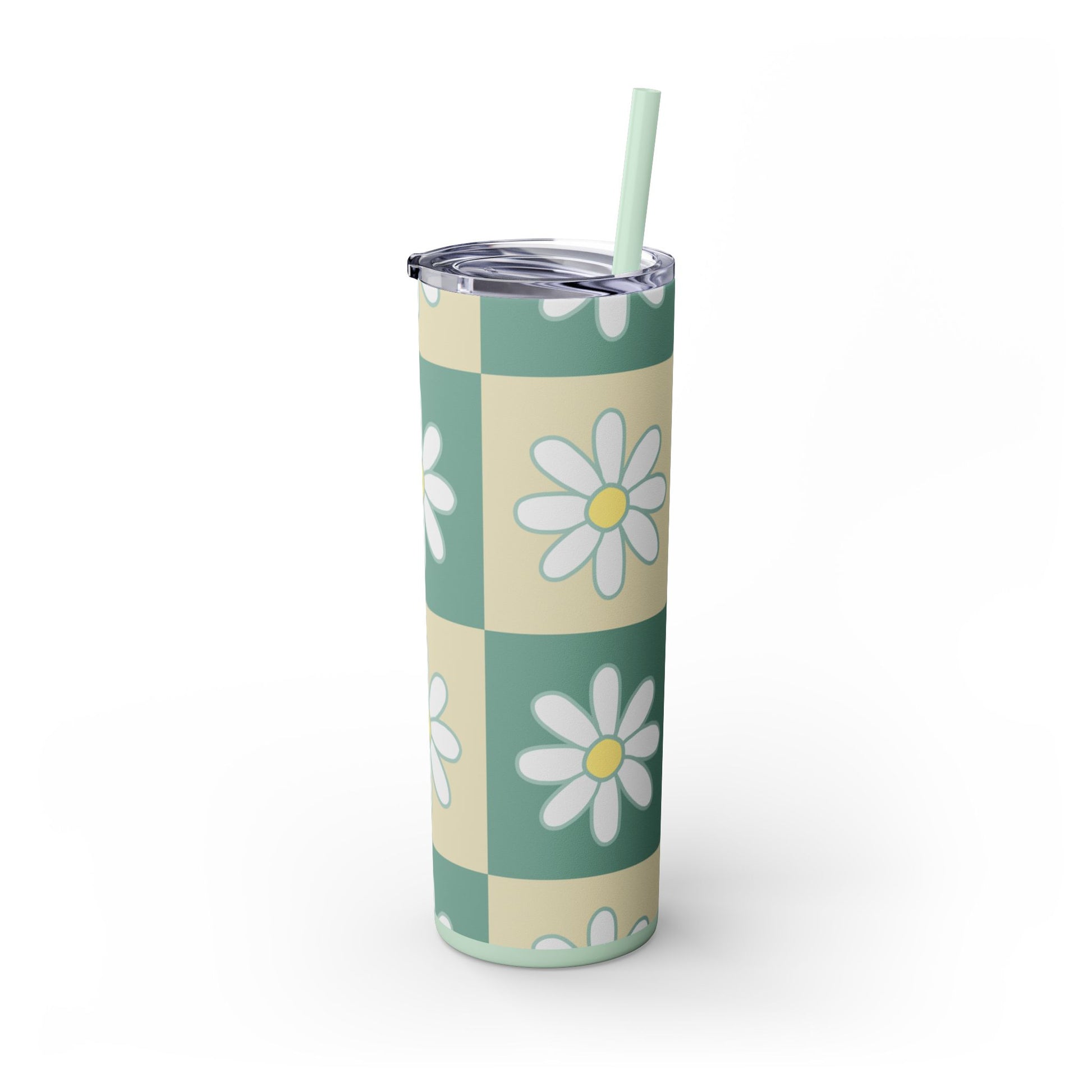 Retro Daisy Checkerboard Green and Tan Skinny Tumbler with Straw, 20oz, Artsulli - Art is Long, Life is Short, Mug, , , , , , , 