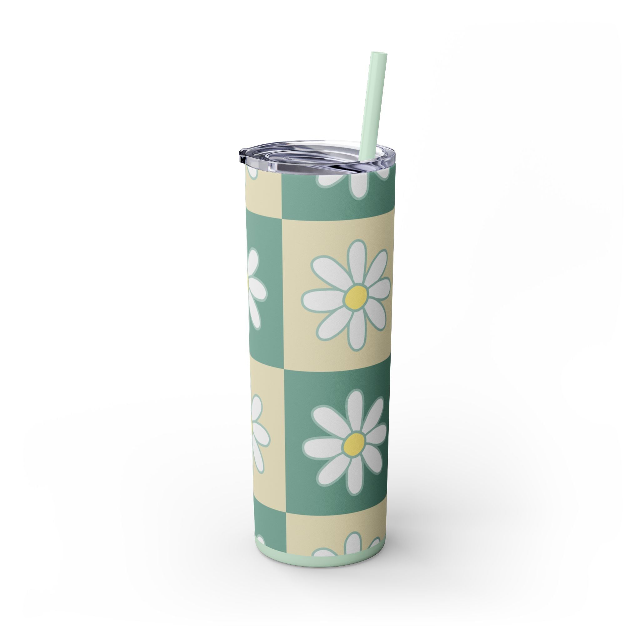 Retro Daisy Checkerboard Green and Tan Skinny Tumbler with Straw, 20oz, Artsulli - Art is Long, Life is Short, Mug, , , , , , , 