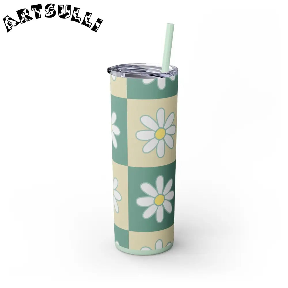 JAKKOUTTHEBXX Retro Daisy Checkerboard Green and Tan Skinny Tumbler