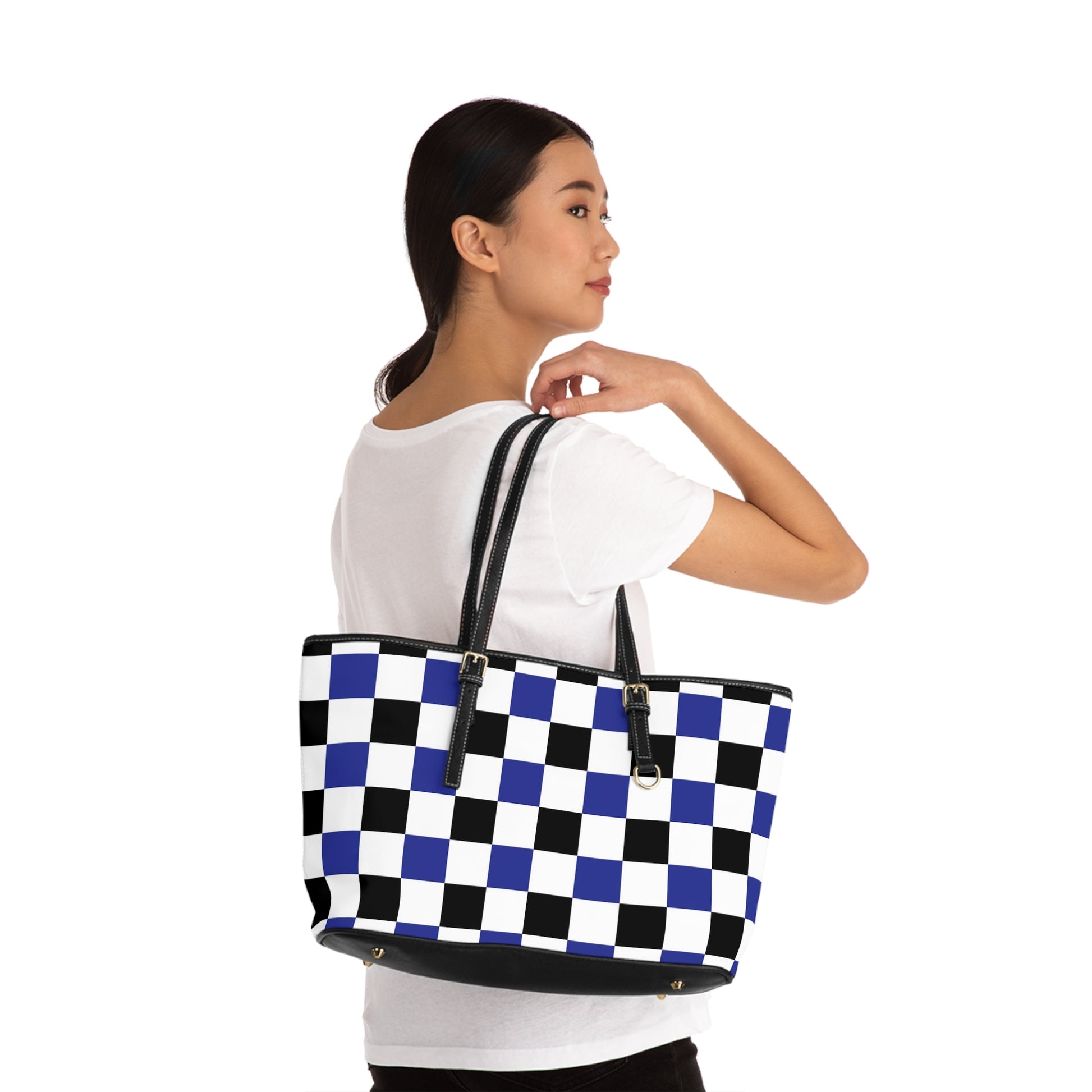 Checkerboard Blue White and Black PU Leather Shoulder Bag, Artsulli - Art is Long, Life is Short, Bags, , , , , , , 