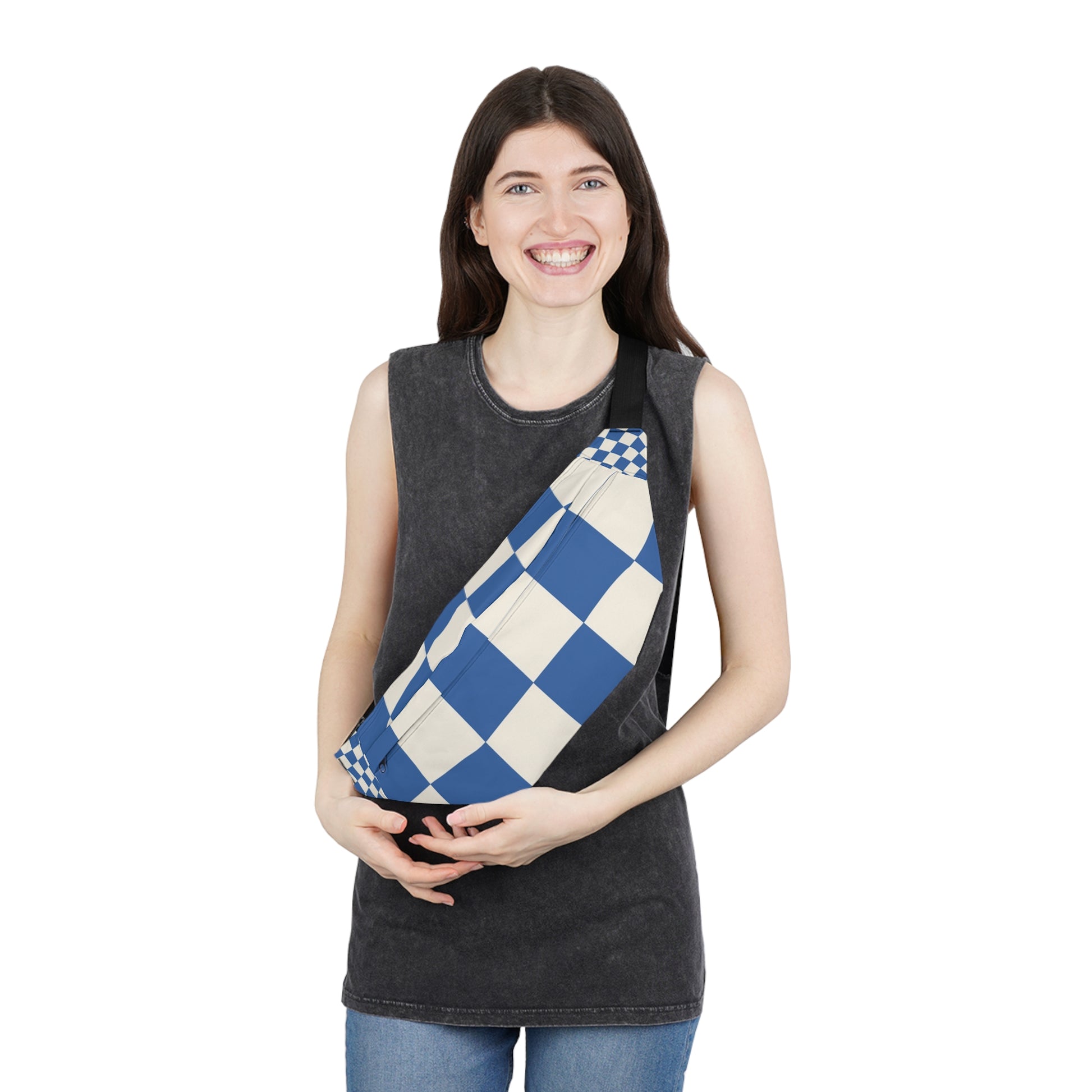 Checkerboard Blue Large Fanny Pack, Artsulli - Art is Long, Life is Short, Bags, , , , , , , 