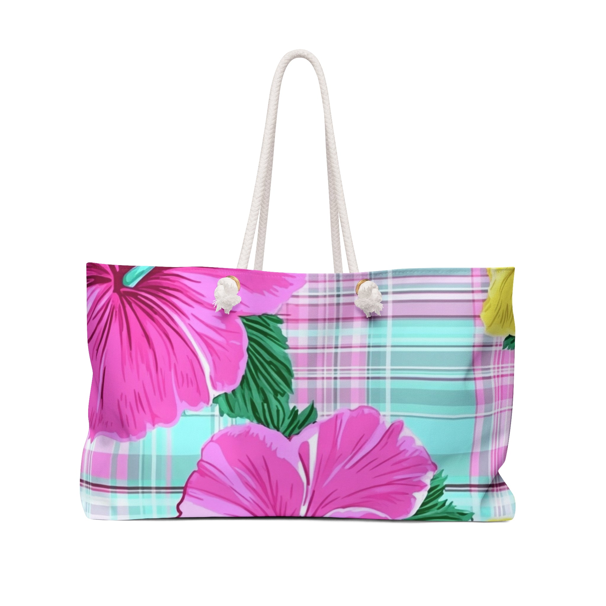 Plaid Hibiscus Pink and Yellow Weekender Bag, Artsulli - Art is Long, Life is Short, Bags, Size, 24" × 13", , , , , 12759090779330182041