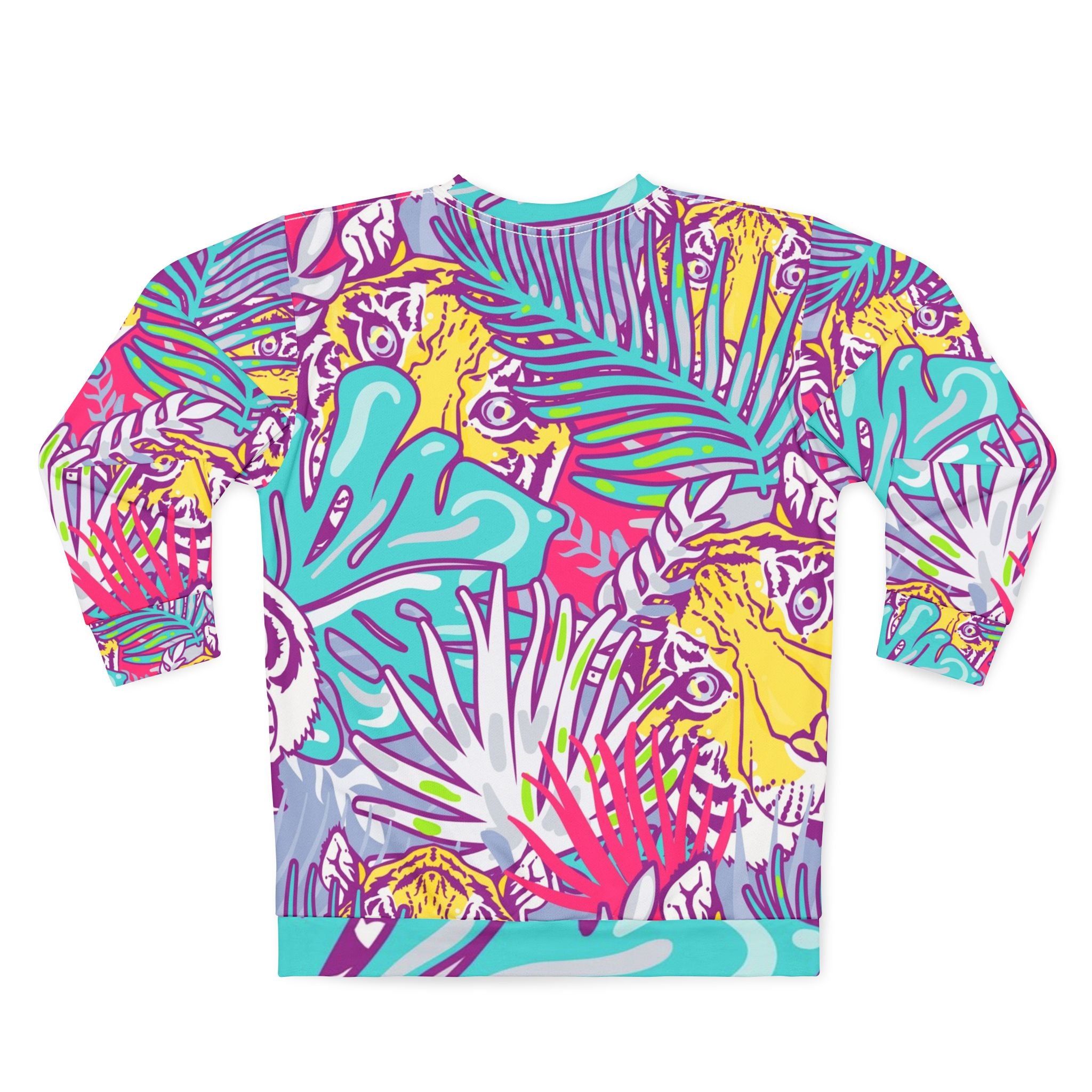 Tropical Floral Tigers Torquise and Purple Unisex Sweatshirt (AOP), Artsulli - Art is Long, Life is Short, All Over Prints, , , , , , , 