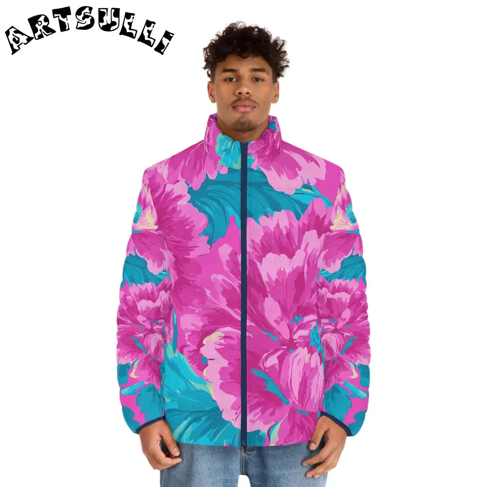 80s Dreamscape Floral Men's Puffer Jacket (AOP), Artsulli - Art is Long, Life is Short, All Over Prints, , , , , , , 