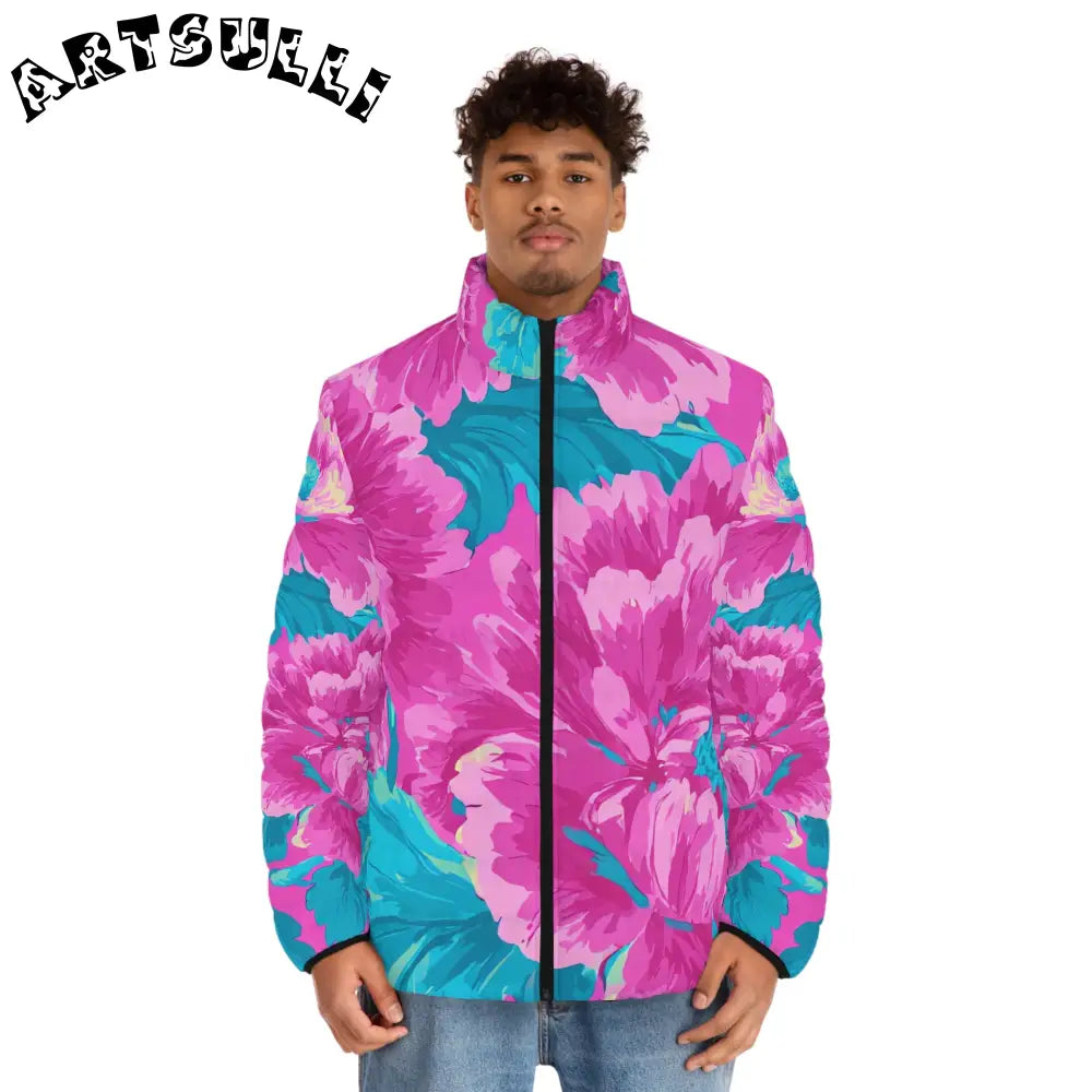 80s Dreamscape Floral Men's Puffer Jacket (AOP), Artsulli - Art is Long, Life is Short, All Over Prints, , , , , , , 