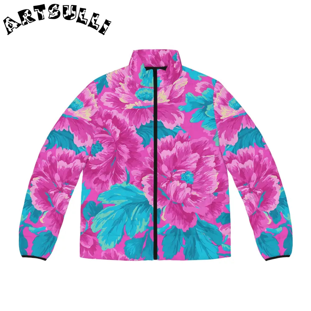 80s Dreamscape Floral Men's Puffer Jacket (AOP), Artsulli - Art is Long, Life is Short, All Over Prints, Size, S, Color, Black zipper, , , 32579732292109304216