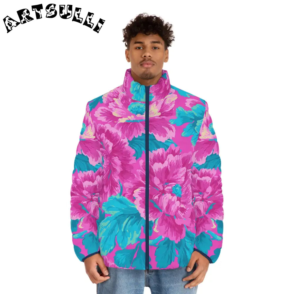 80s Dreamscape Floral Men's Puffer Jacket (AOP), Artsulli - Art is Long, Life is Short, All Over Prints, , , , , , , 