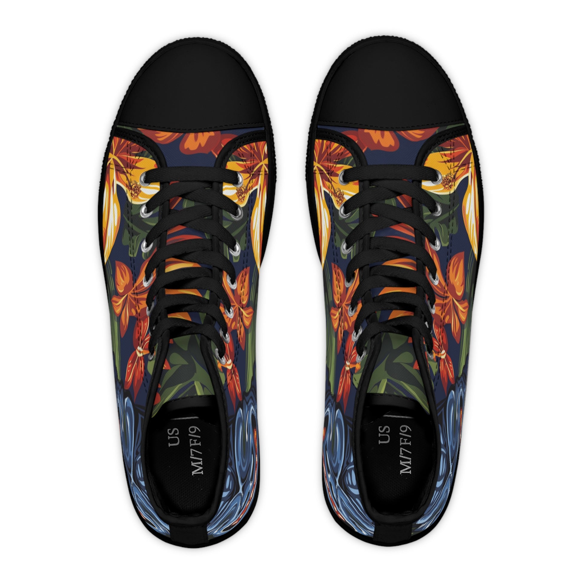 Tiki Bloom Navy Women's High Top Sneakers, Artsulli - Art is Long, Life is Short, Shoes, , , , , , , 