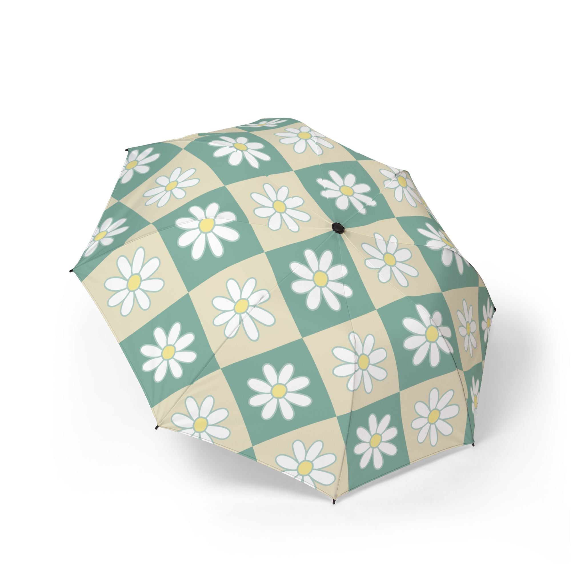 Retro Daisy Checkerboard Green and Tan Semi-Automatic Foldable Umbrella, Artsulli - Art is Long, Life is Short, Accessories, Size, One size, , , , , 58880726725699186708